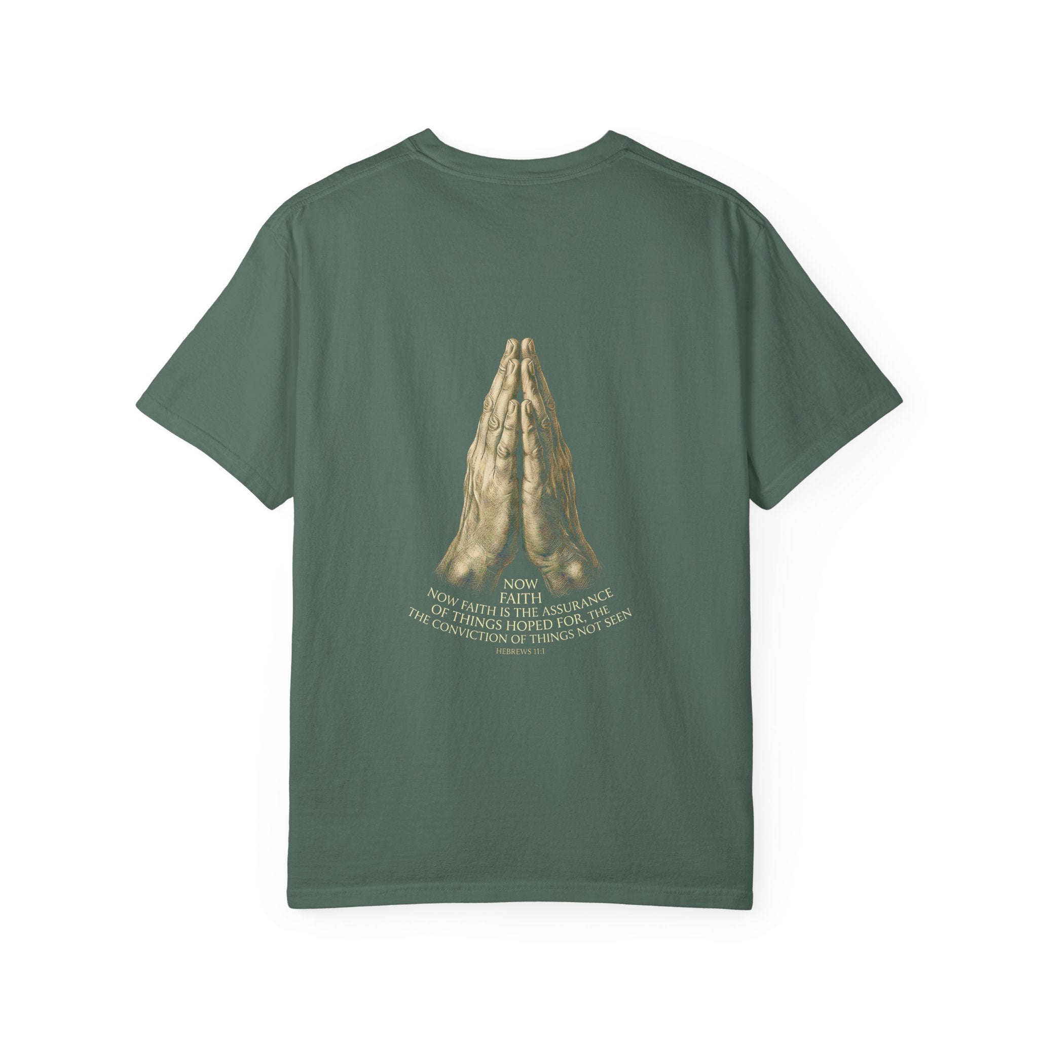 Prayer Hands Cross T‑Shirt — Christian Faith Tee with Back Scripture Design