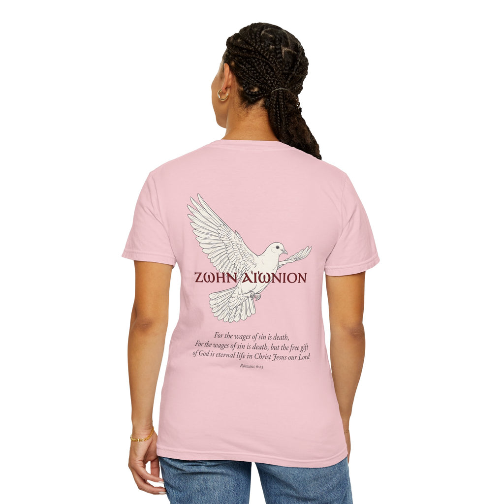 Christian Dove T-Shirt — Three Crosses Front & Dove Back with Scripture