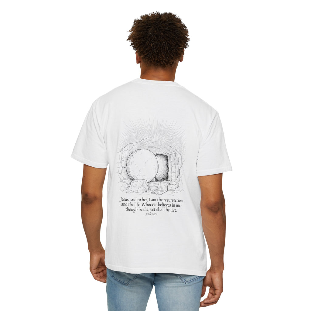 Christian Cross T-Shirt — Resurrection Tomb Design with John 11:25 Scripture