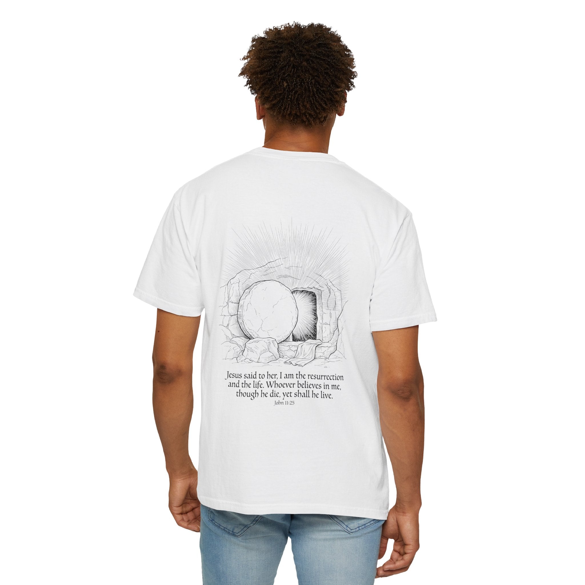 Christian Cross T-Shirt — Resurrection Tomb Design with John 11:25 Scripture