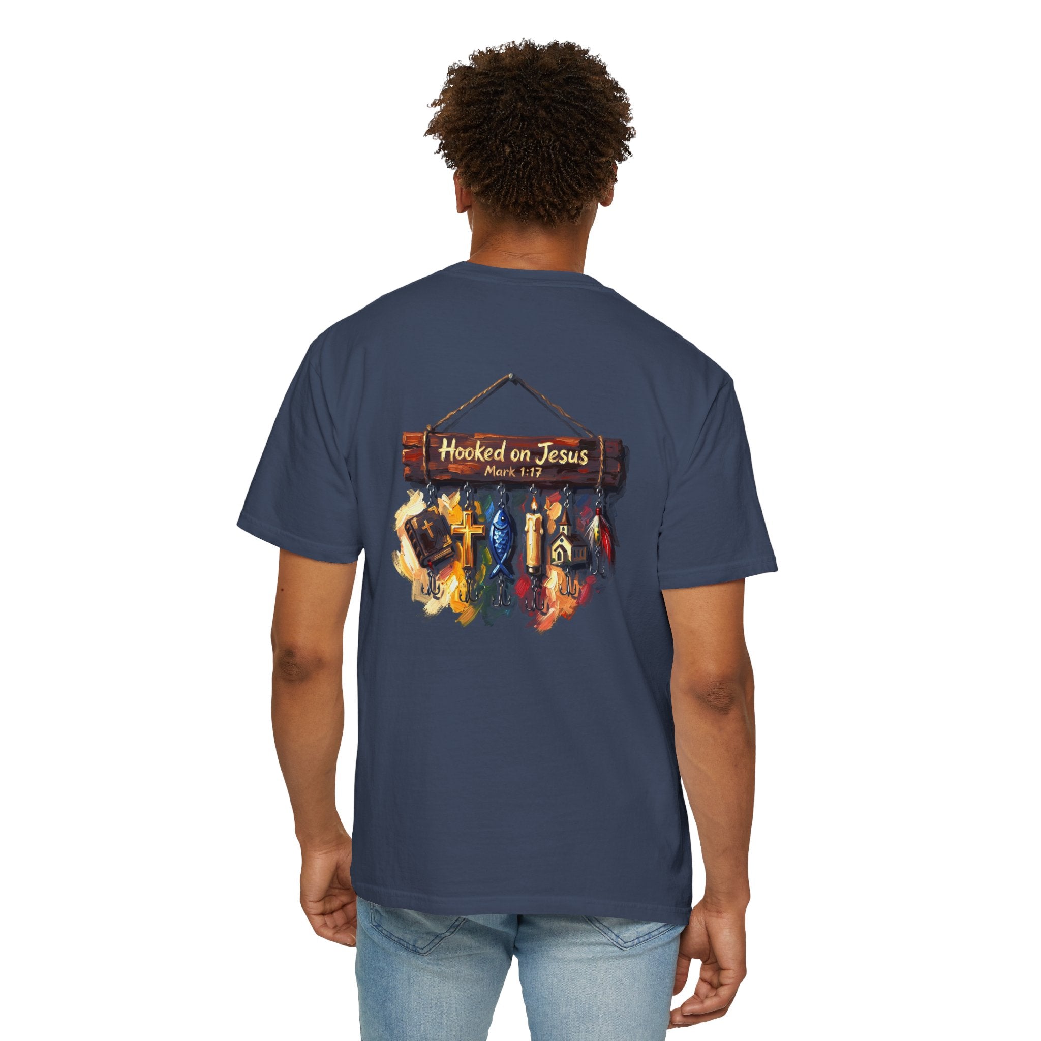 Christian Fishing T-Shirt — “Hooked on Jesus” Graphic Tee with Small Front Cross