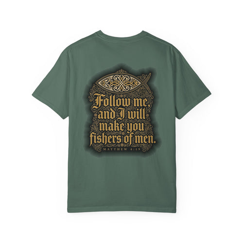 Christian Cross T-Shirt — "Follow Me and I Will Make You Fishers of Men" Back Graphic