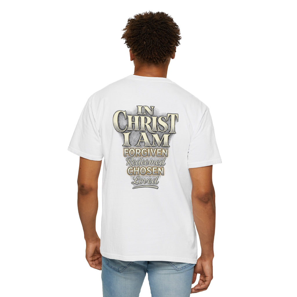 Christian Cross T-Shirt — "In Christ I Am Forgiven, Redeemed, Chosen" Faith Tee