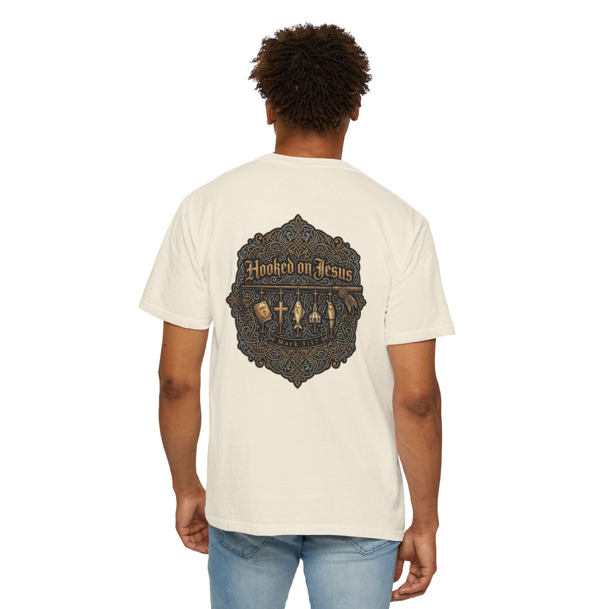 Hooked on Jesus T‑Shirt — Small Front Cross & Ornate Back Graphic