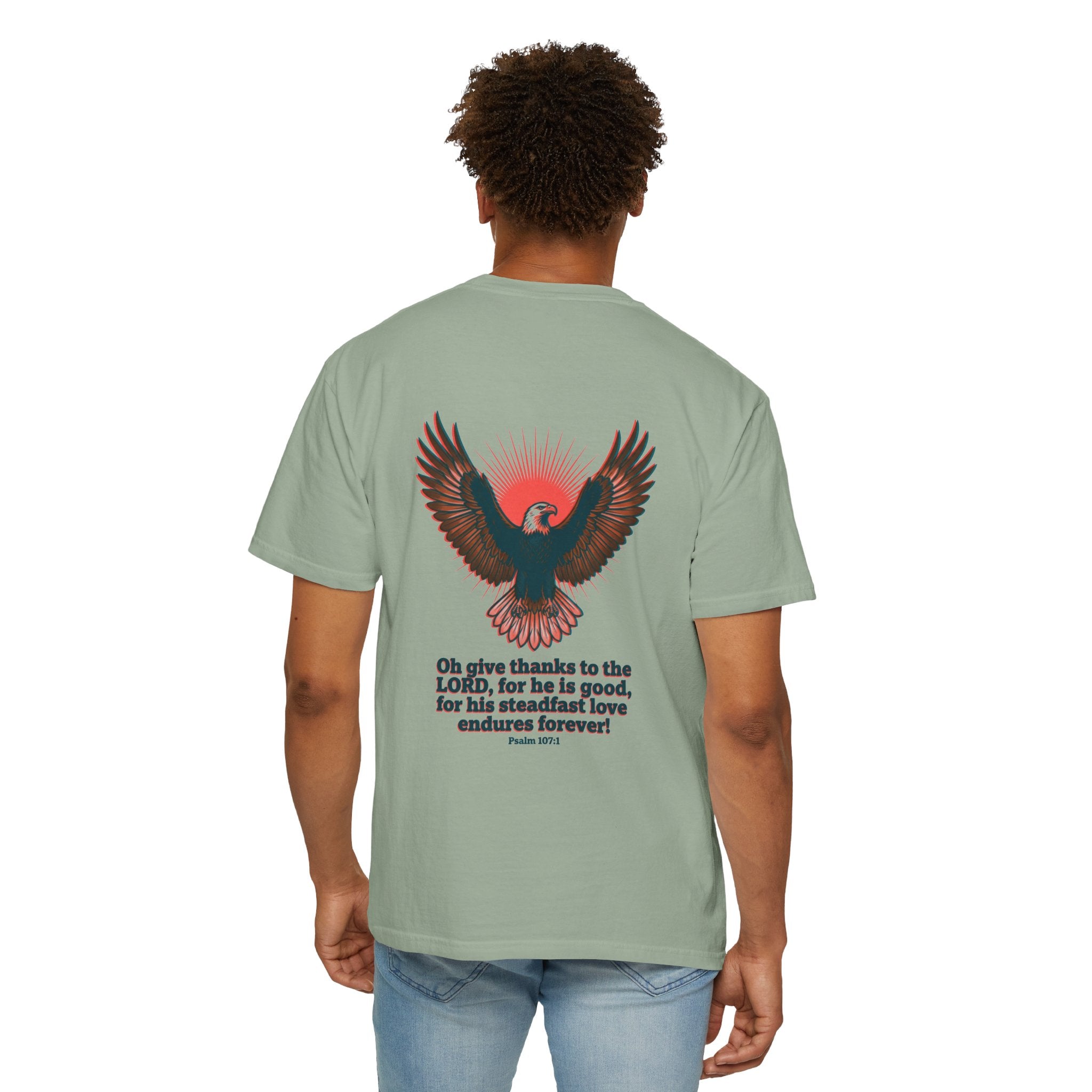Christian Cross T-Shirt — Eagle Back Print with Psalm 107:1