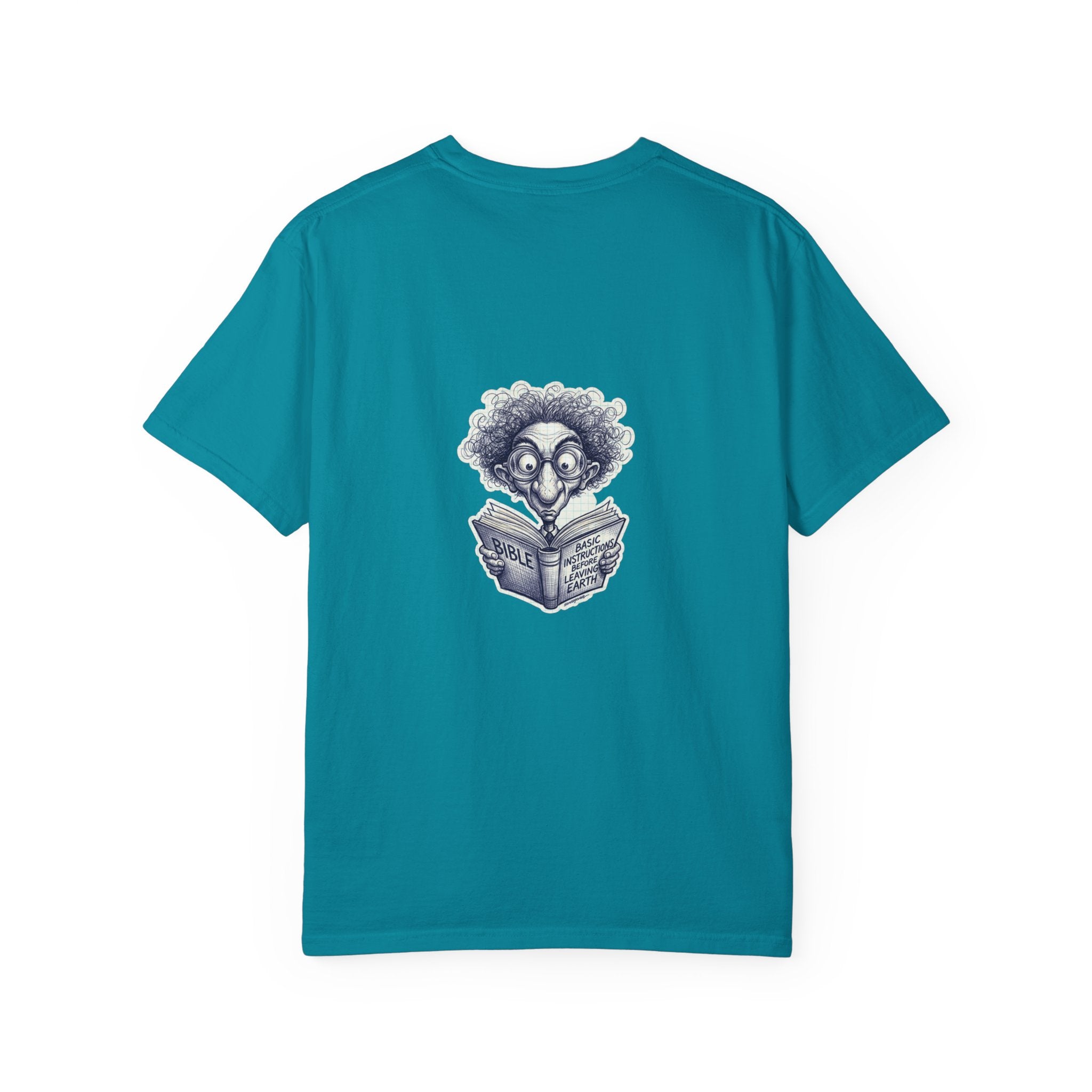 Graphic T-Shirt — Small Cross Front & Whimsical Reader Illustration Back