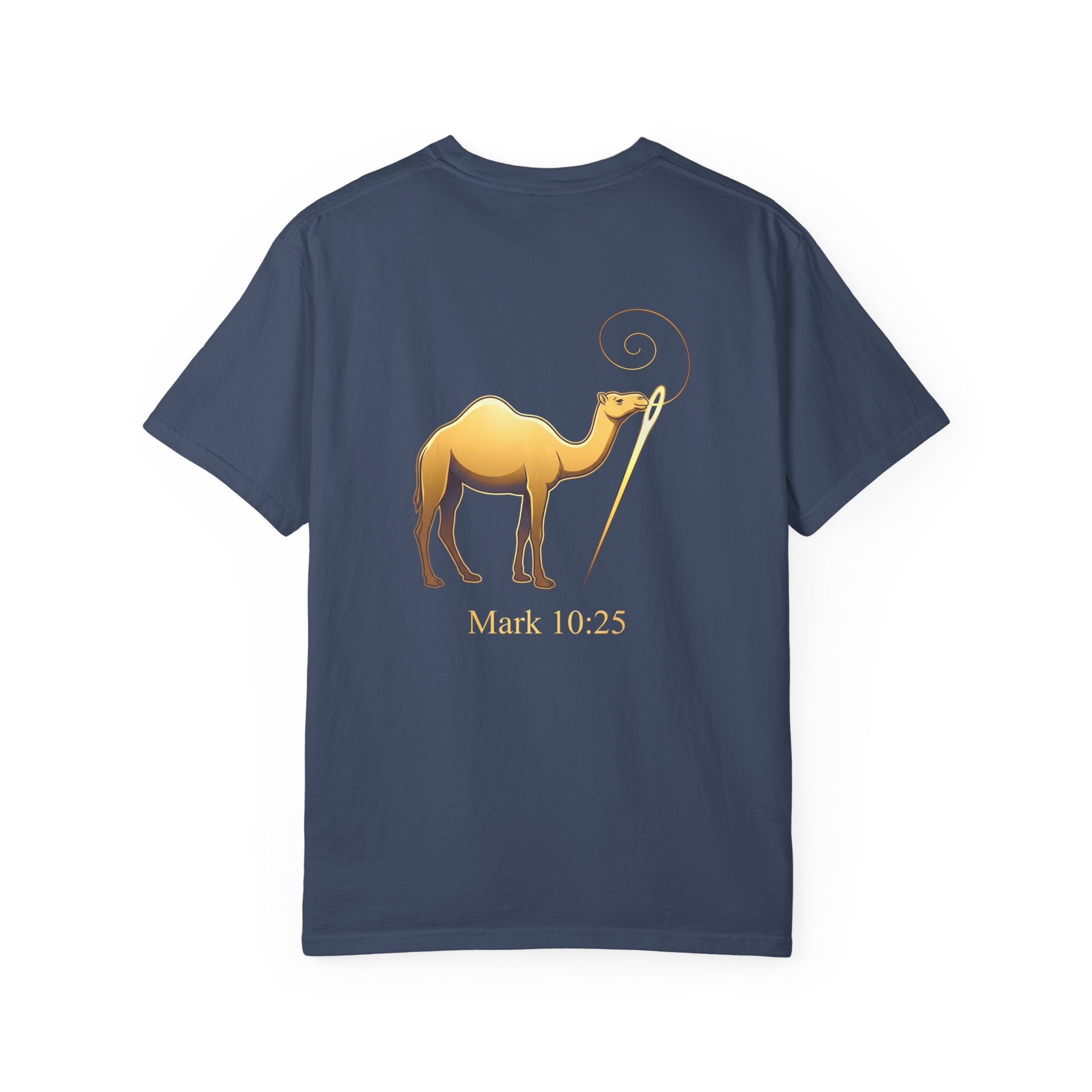 Christian Cross T-Shirt with Gold Camel & "Mark 10:25" Back — Religious Faith Tee