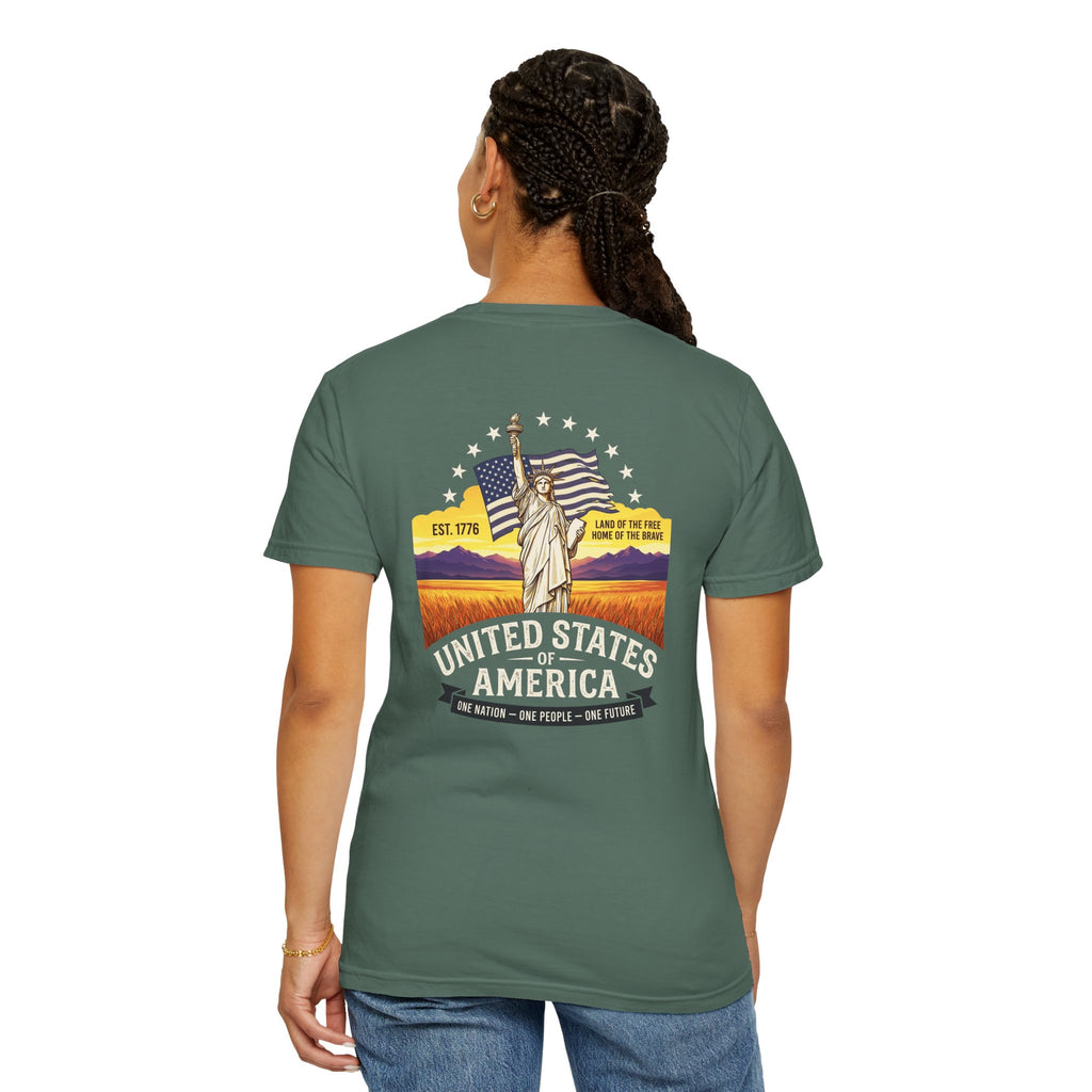 America Graphic T-Shirt — United States Vintage Statue of Liberty Back Print