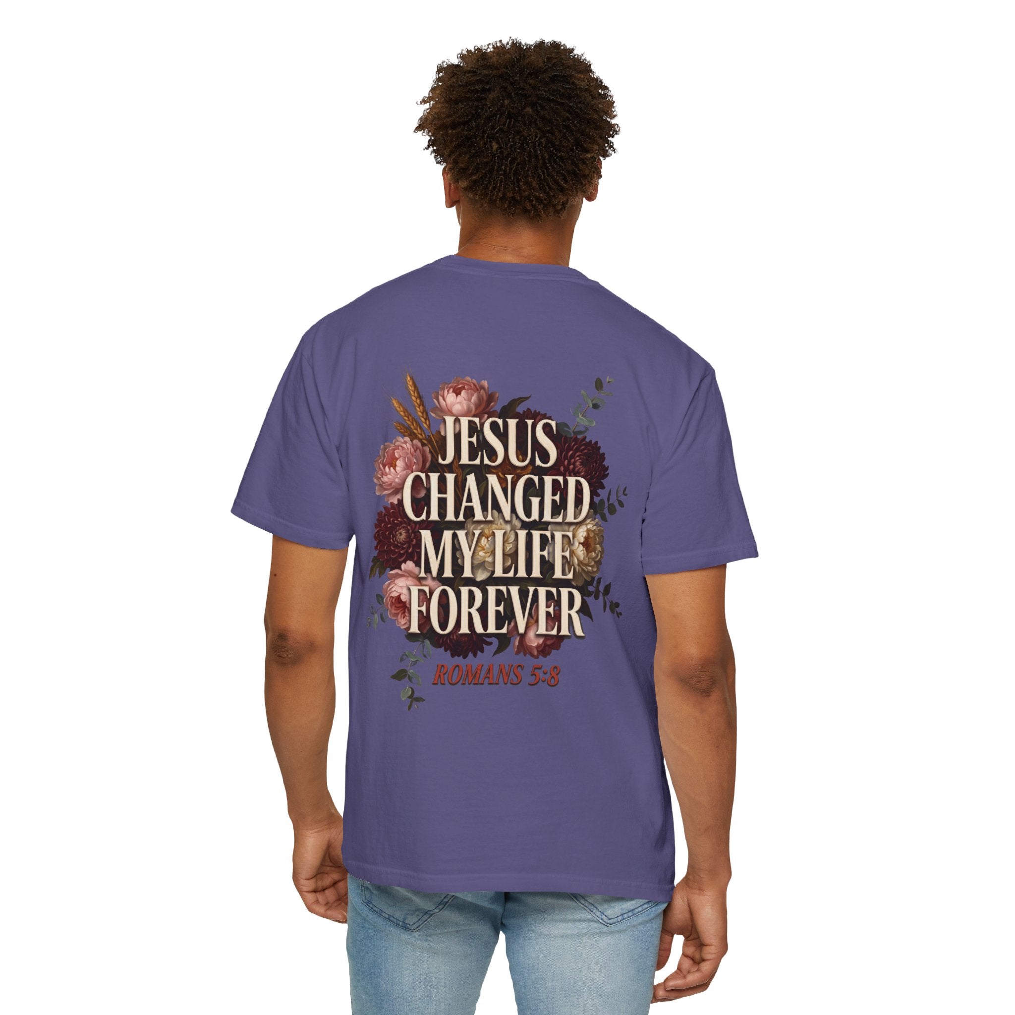Christian T-Shirt — "Jesus Changed My Life Forever" Floral Cross Tee (Romans 5:8)