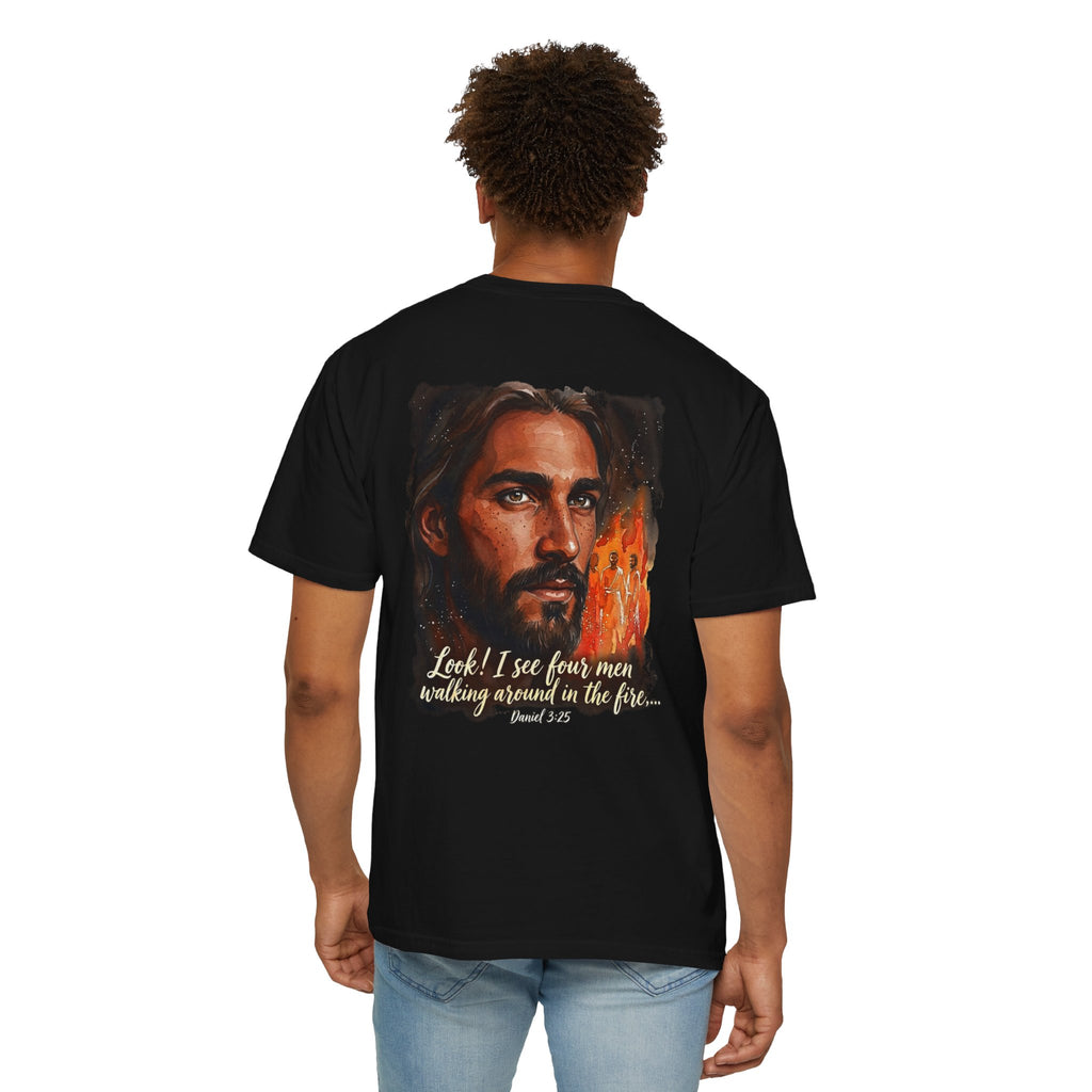 Christian T-Shirt — Jesus with Three Crosses & Daniel 3:25 Verse Back Print