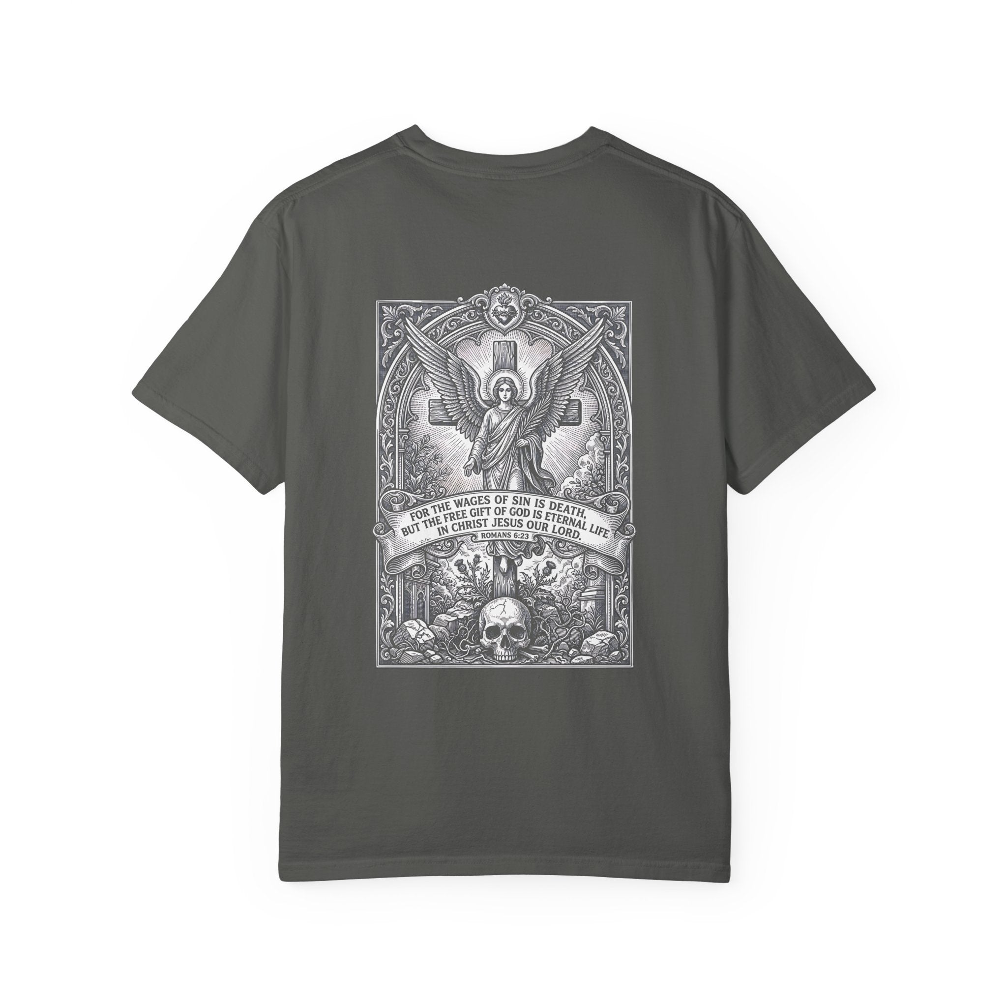 Religious Graphic T-Shirt — Angel, Skull & Scripture Back Print
