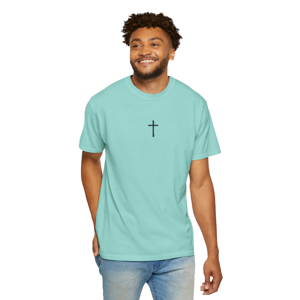 Christian Cross T-Shirt — Resurrection Tomb Design with John 11:25 Scripture