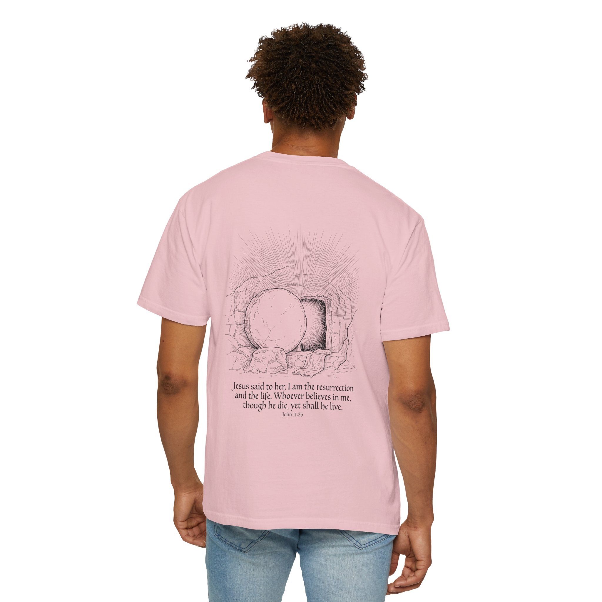 Christian Cross T-Shirt — Resurrection Tomb Design with John 11:25 Scripture