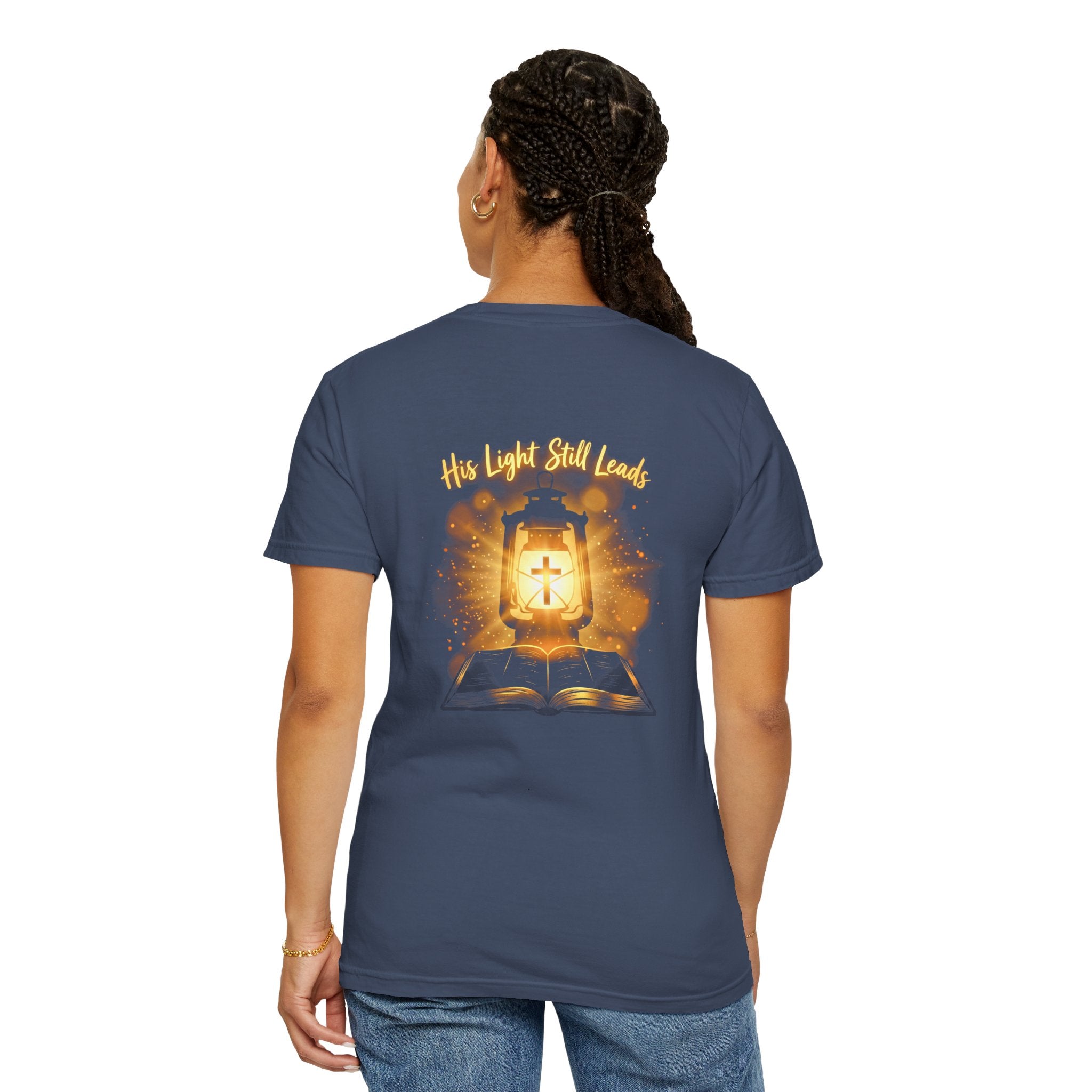 Christian Cross T-Shirt — “His Light Still Leads” Bible Graphic Tee