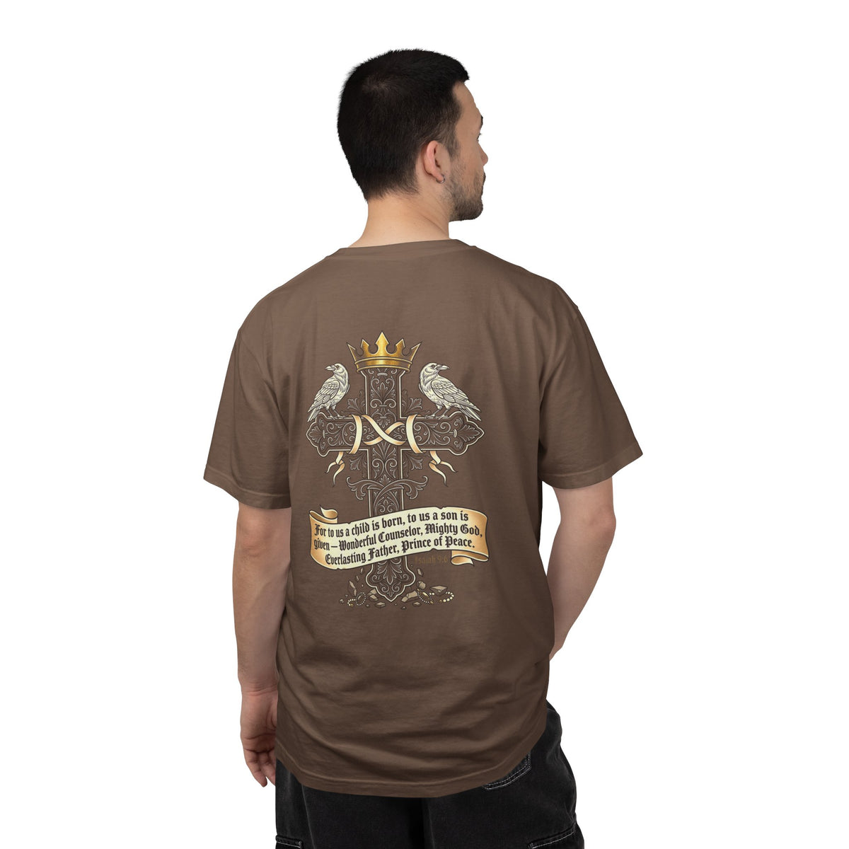 Christian Cross Tee — "For to us a child is born" Scripture Graphic T-Shirt