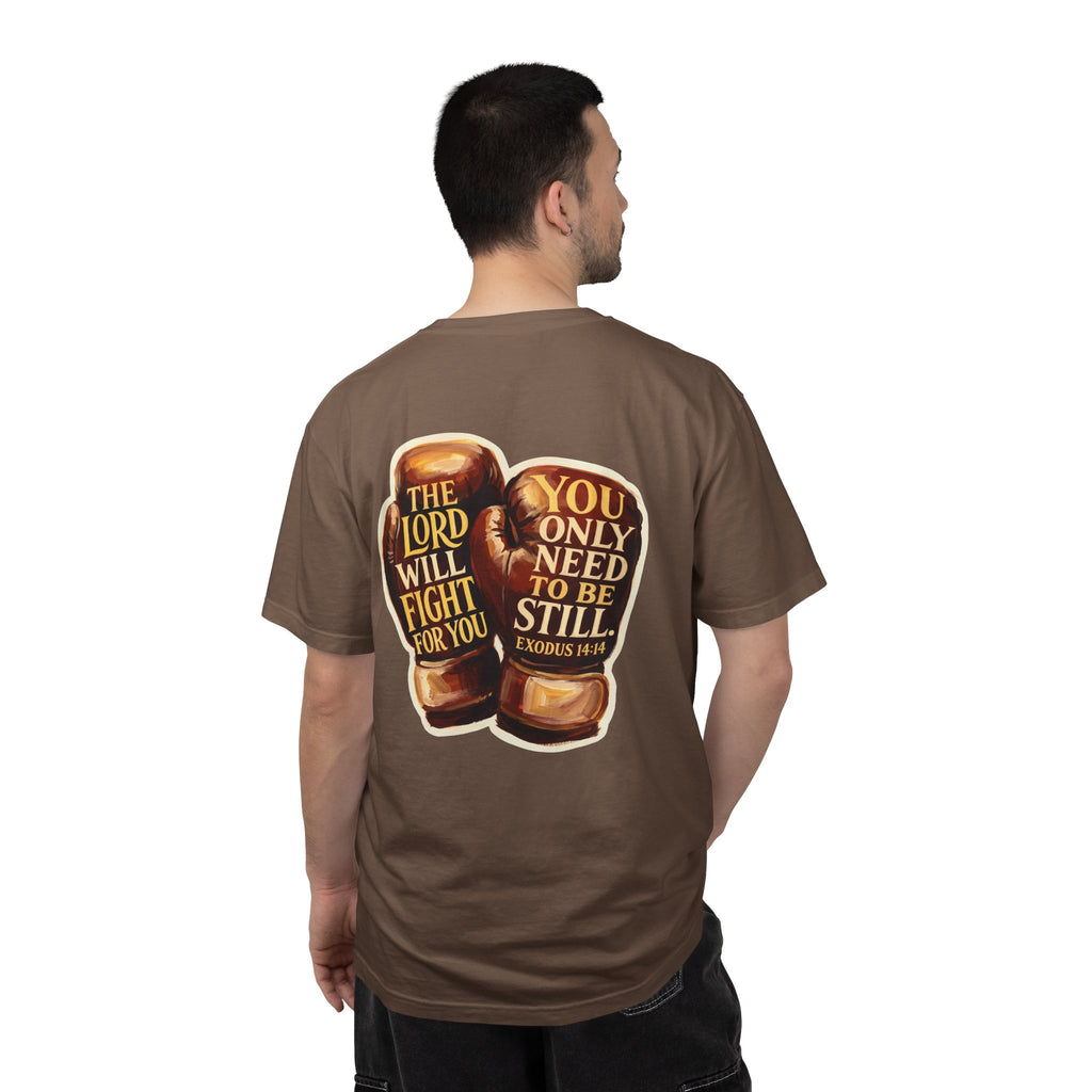 Christian Cross T-Shirt — “The Lord Will Fight For You / Be Still” Boxing Gloves Graphic