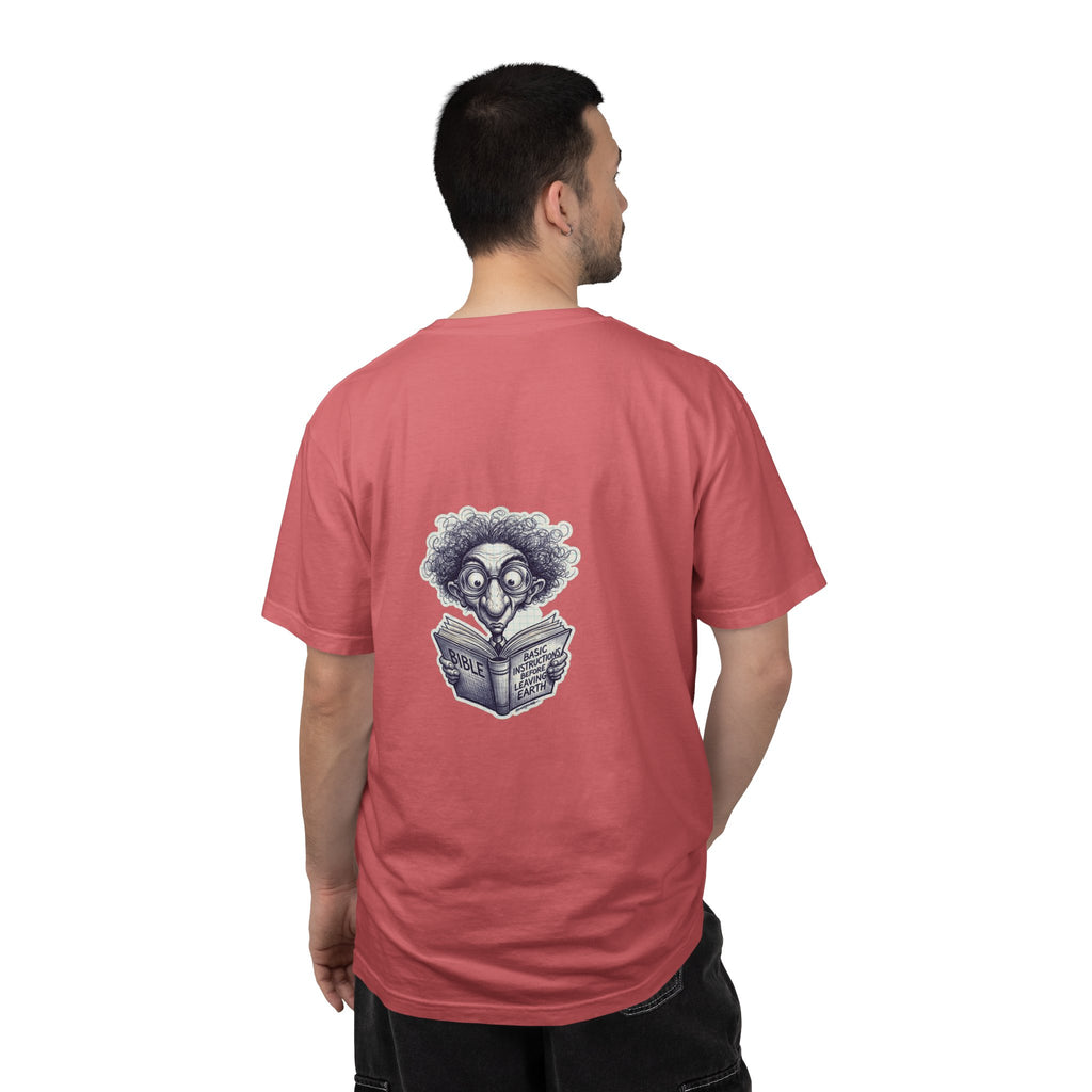 Graphic T-Shirt — Small Cross Front & Whimsical Reader Illustration Back