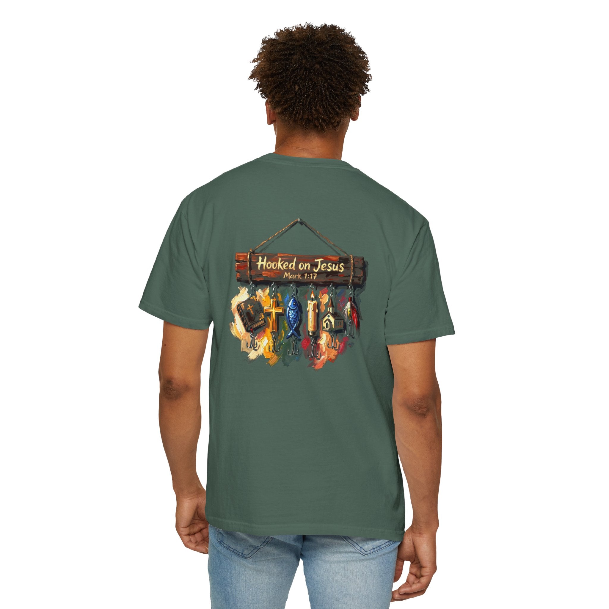 Christian Fishing T-Shirt — “Hooked on Jesus” Graphic Tee with Small Front Cross