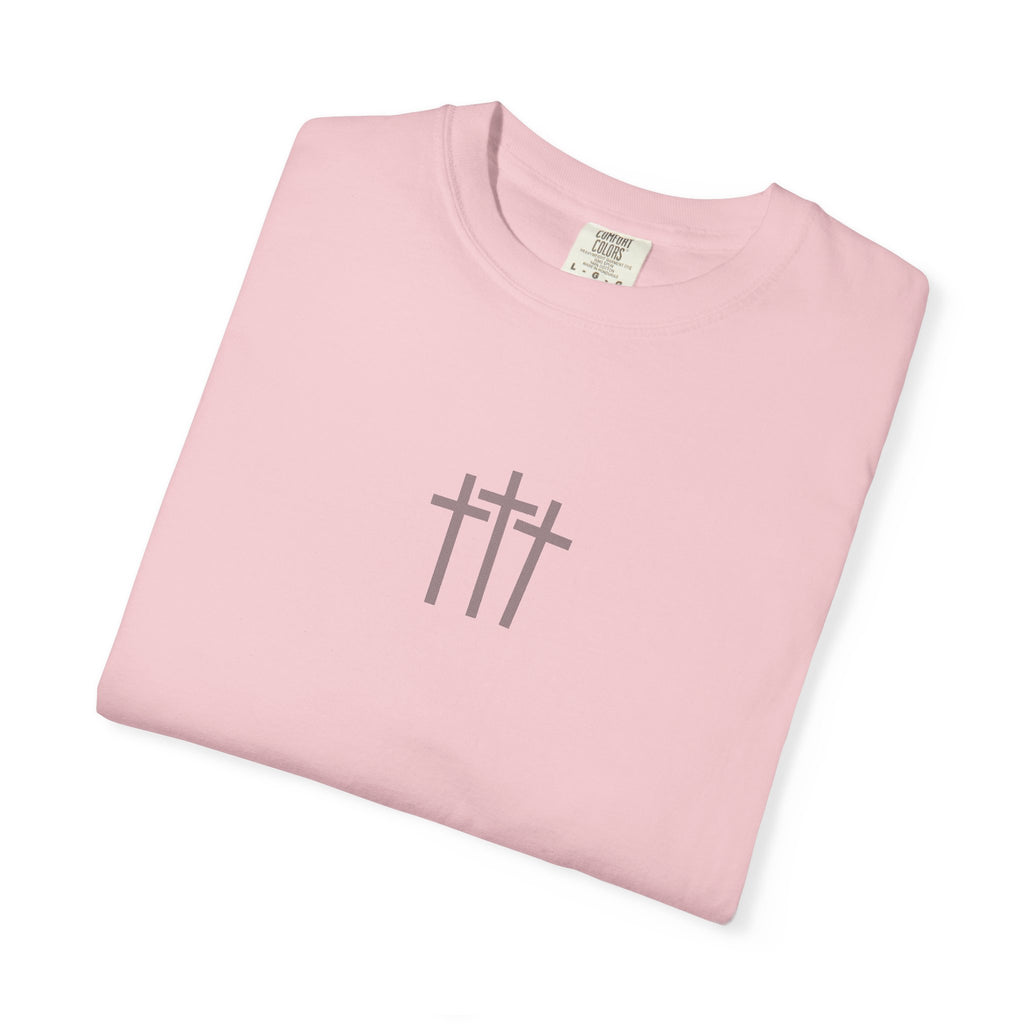 Christian Dove T-Shirt — Three Crosses Front & Dove Back with Scripture