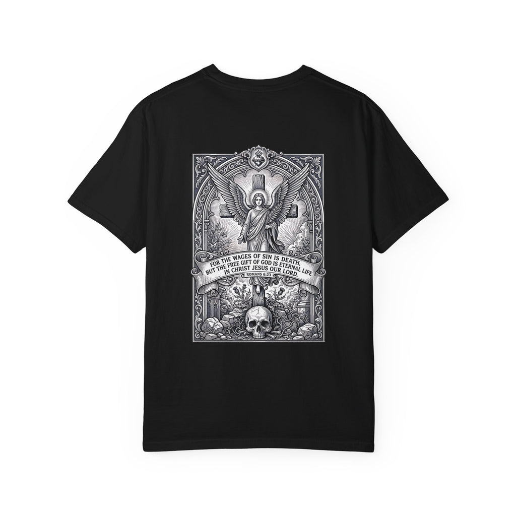 Religious Graphic T-Shirt — Angel, Skull & Scripture Back Print