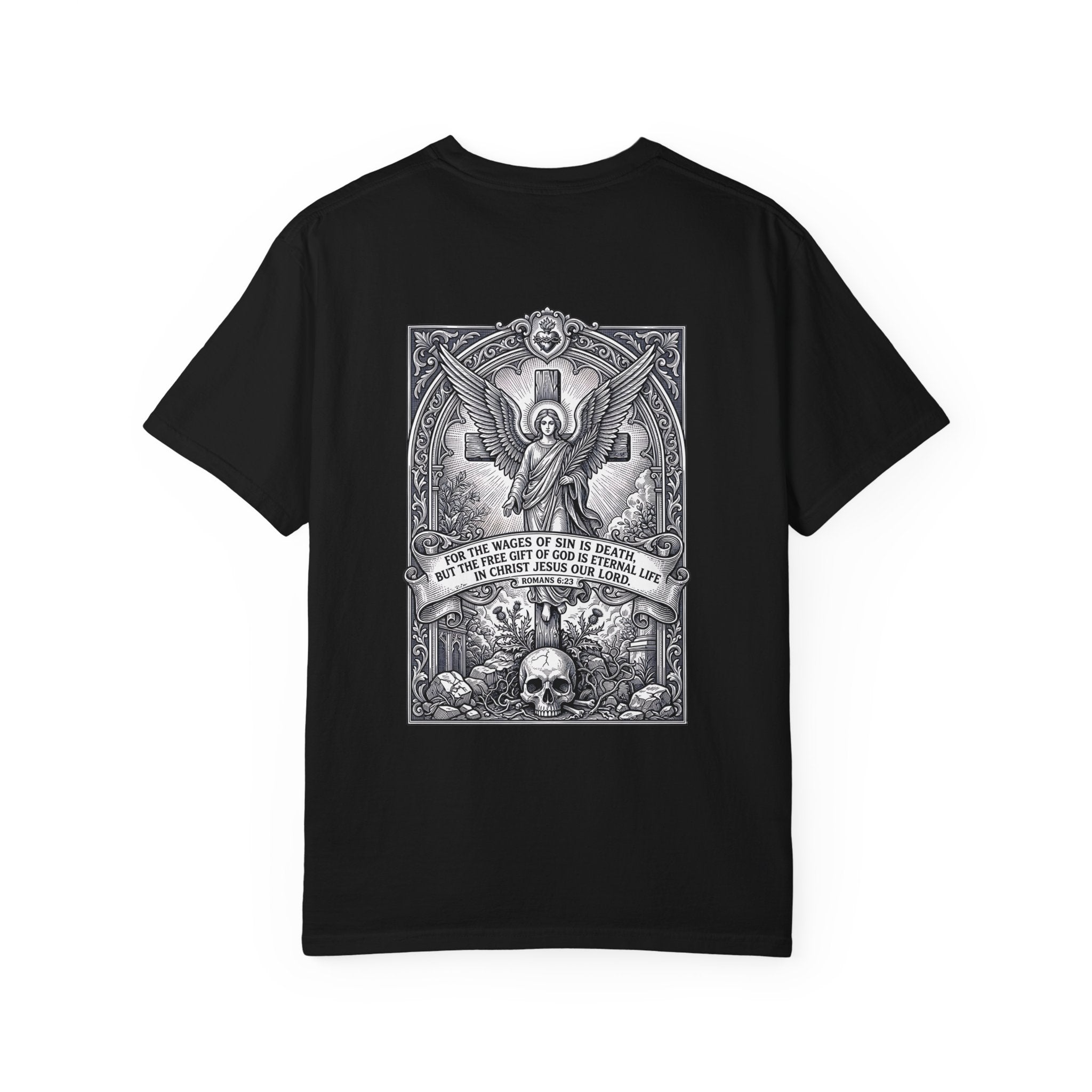 Religious Graphic T-Shirt — Angel, Skull & Scripture Back Print