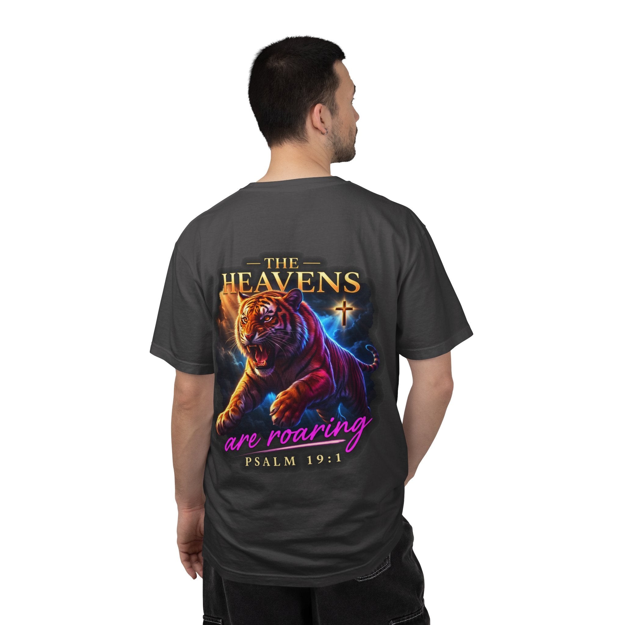 Christian Tiger T-Shirt — “The Heavens Are Roaring” Psalm 19:1 Graphic Tee