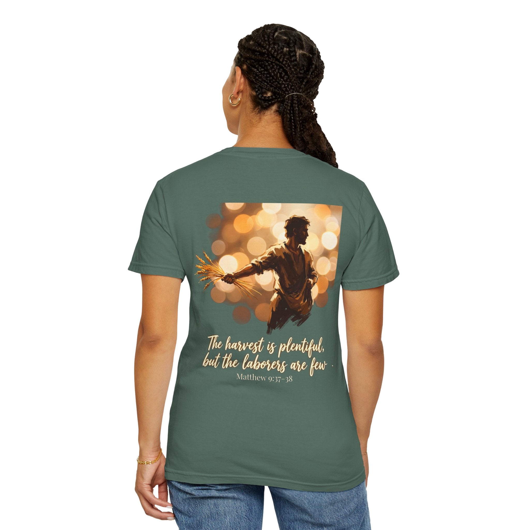 Christian Cross T-Shirt — "The harvest is plentiful, but the laborers are few" Back Graphic