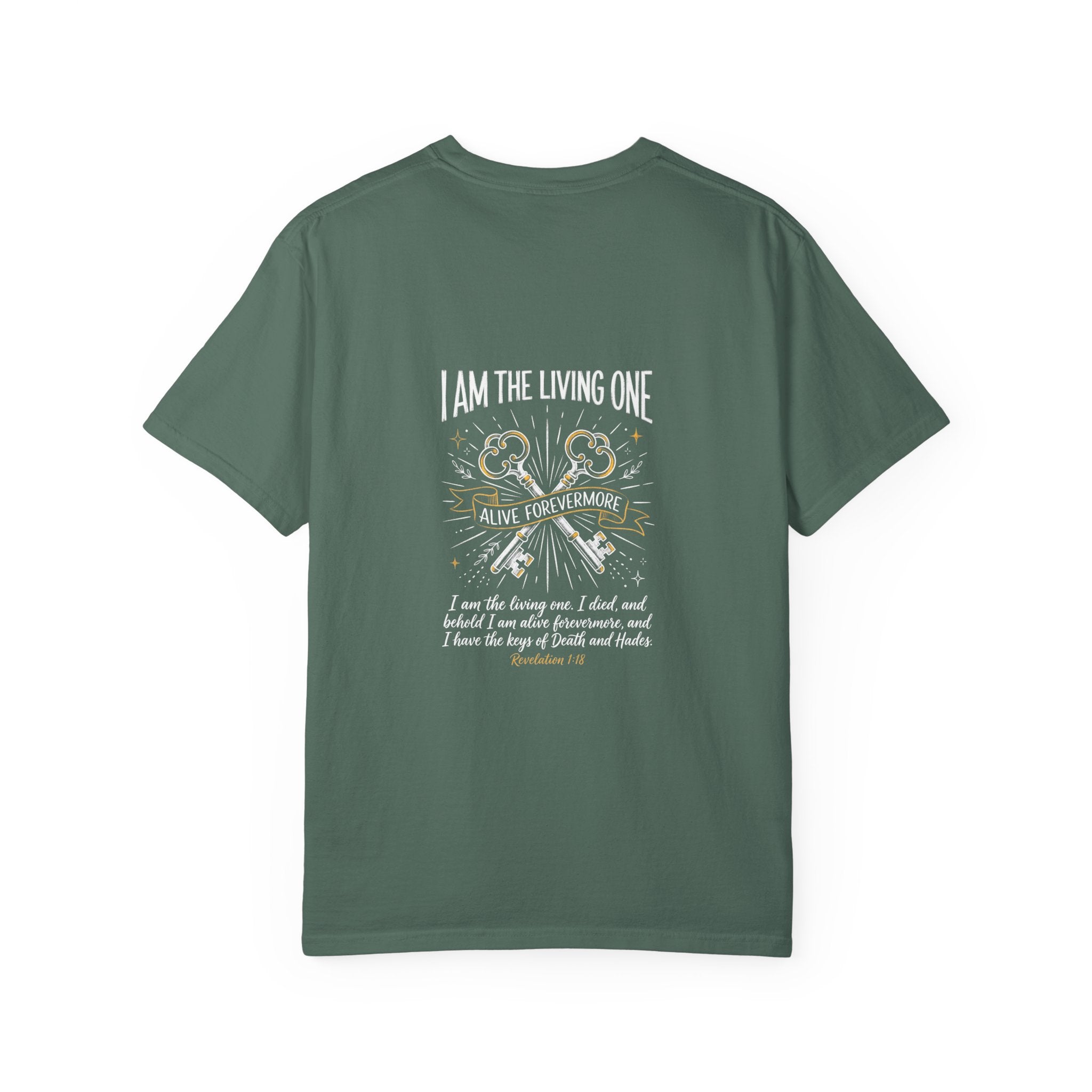 Christian Cross T-Shirt — “I Am the Living One” Scripture Back Graphic