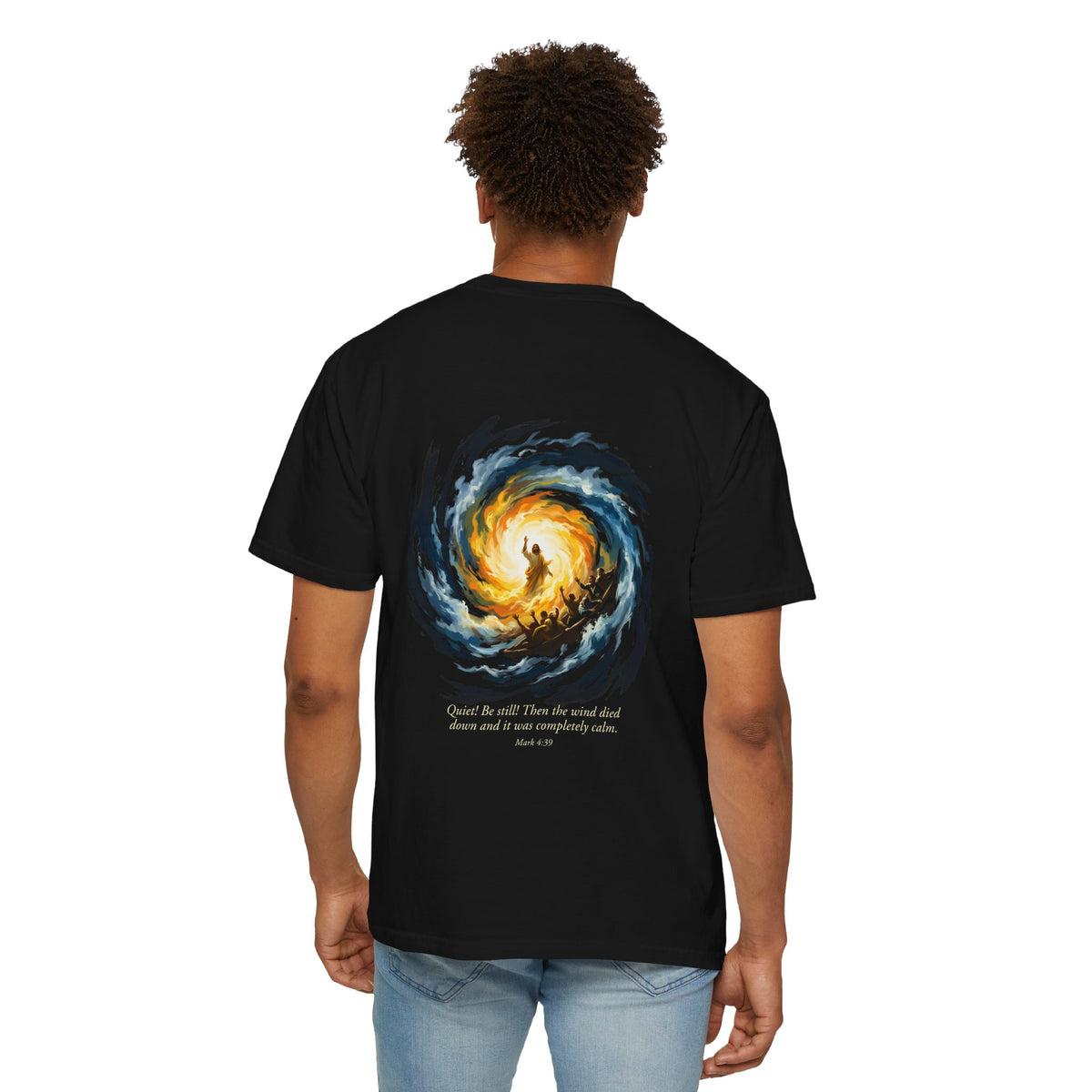 Christian T‑Shirt — Small Chest Cross & 'Quiet Be Still' Scripture Back Design