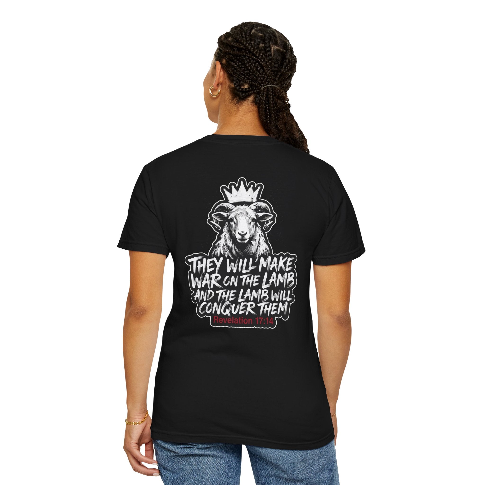 Christian Lamb Graphic T-Shirt — "They Will Make War on the Lamb" Back Design