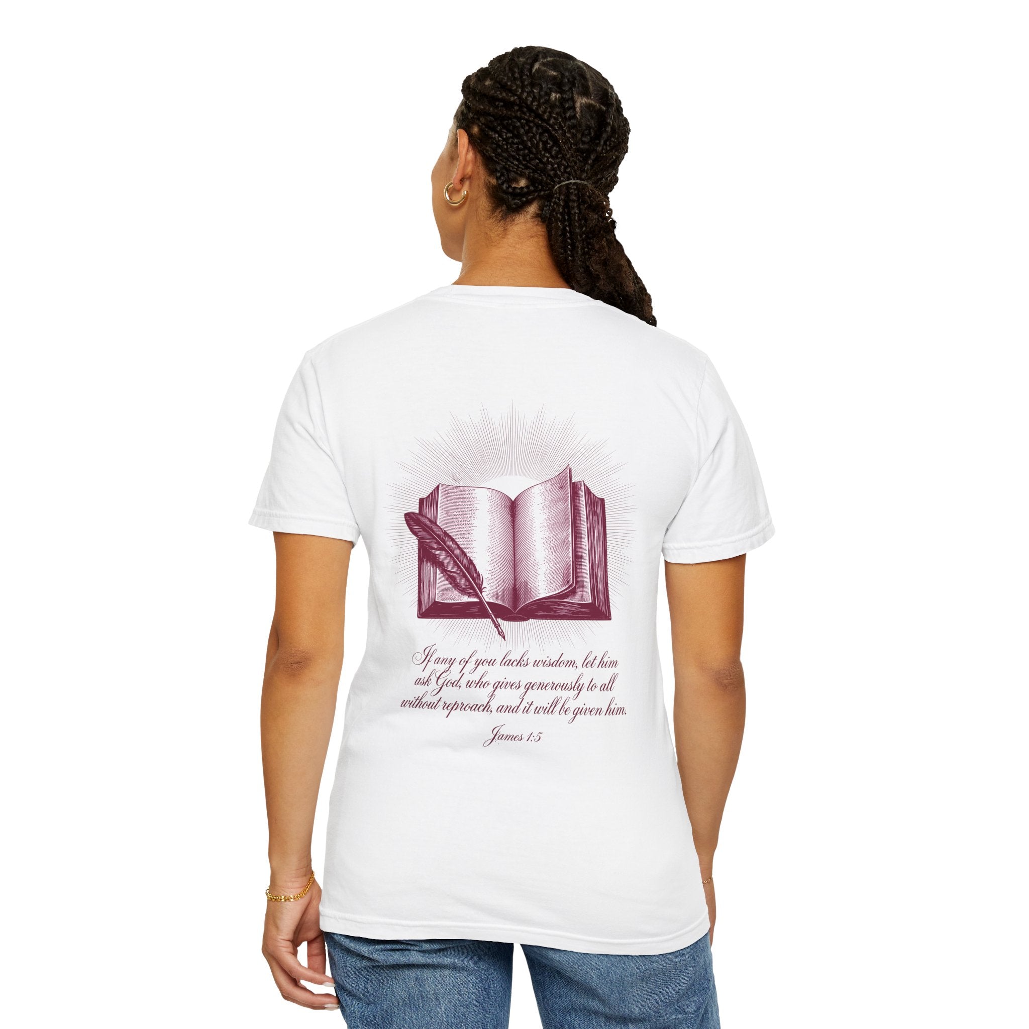 Christian Cross T-Shirt — Illustrated Bible Back Print with James 1:5 Quote