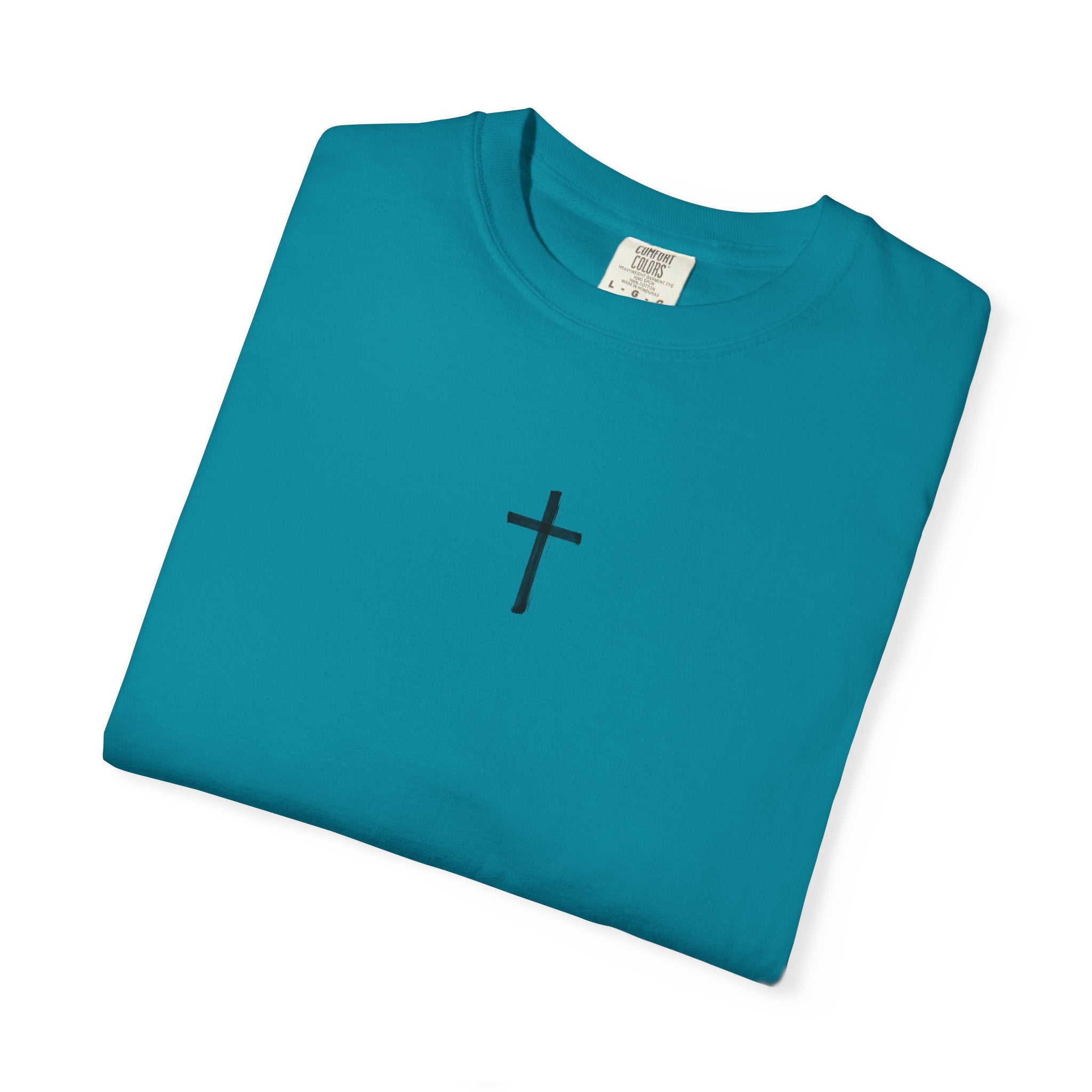 Graphic T-Shirt — Small Cross Front & Whimsical Reader Illustration Back