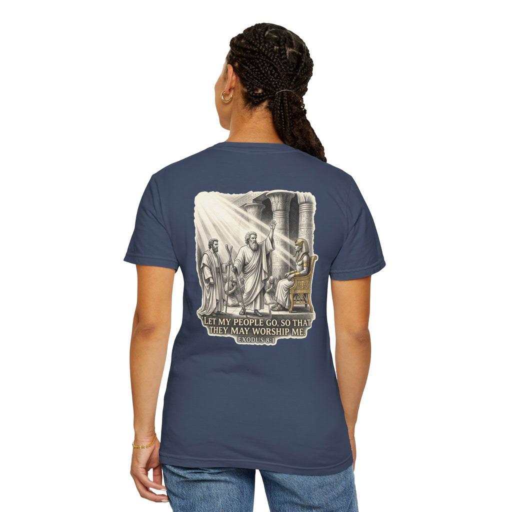 Religious T-Shirt — Small Cross Front & 'Let My People Go' Back Graphic