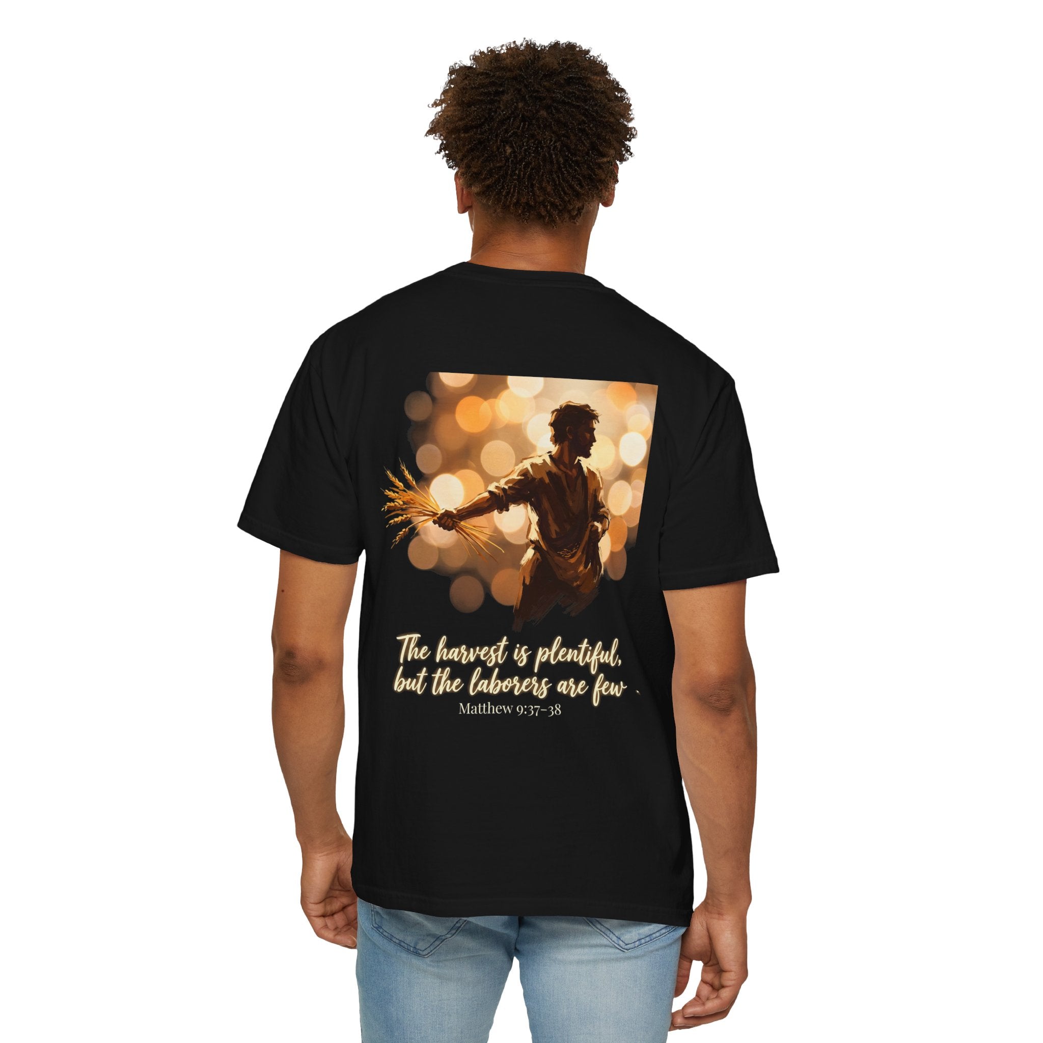 Christian Cross T-Shirt — "The harvest is plentiful, but the laborers are few" Back Graphic