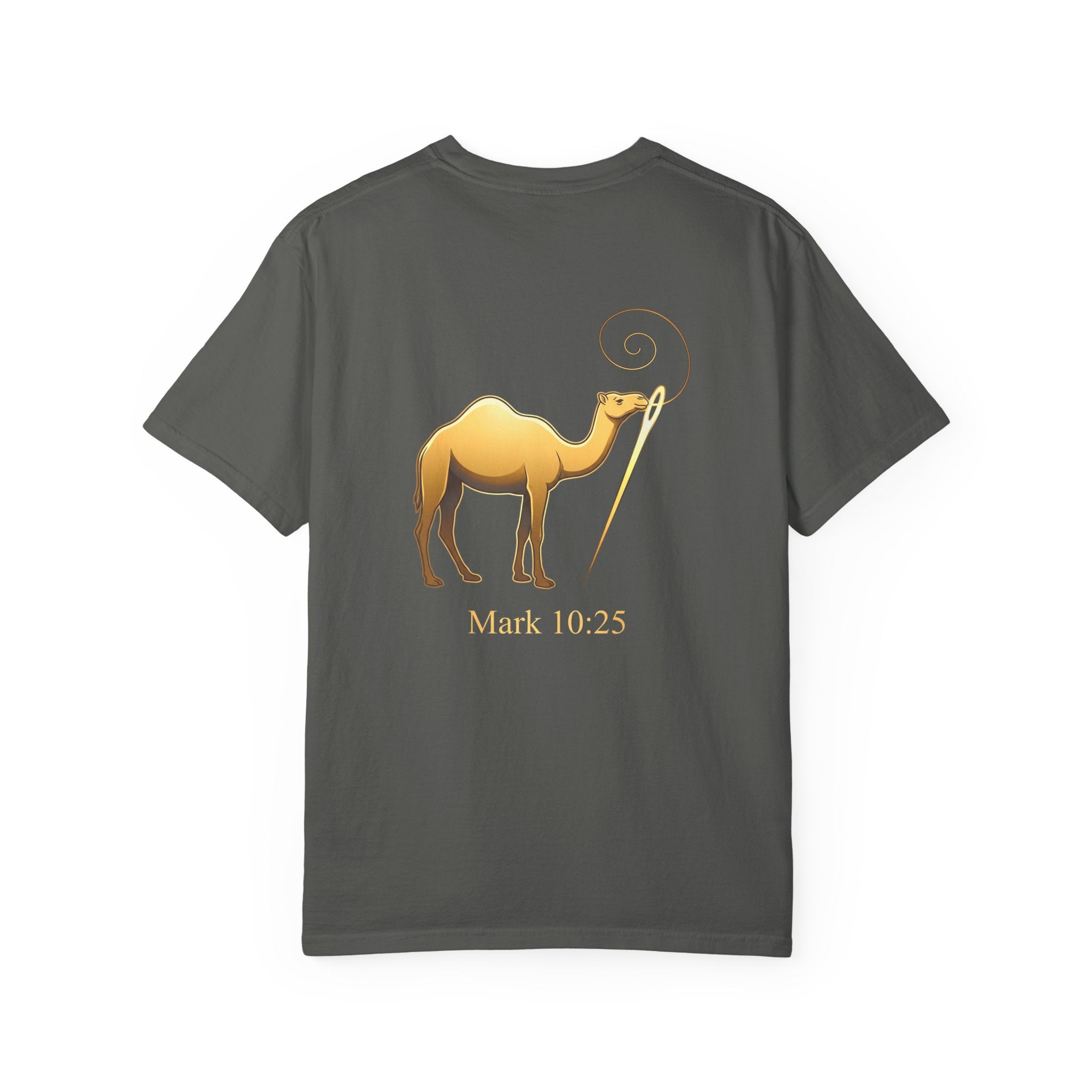 Christian Cross T-Shirt with Gold Camel & "Mark 10:25" Back — Religious Faith Tee