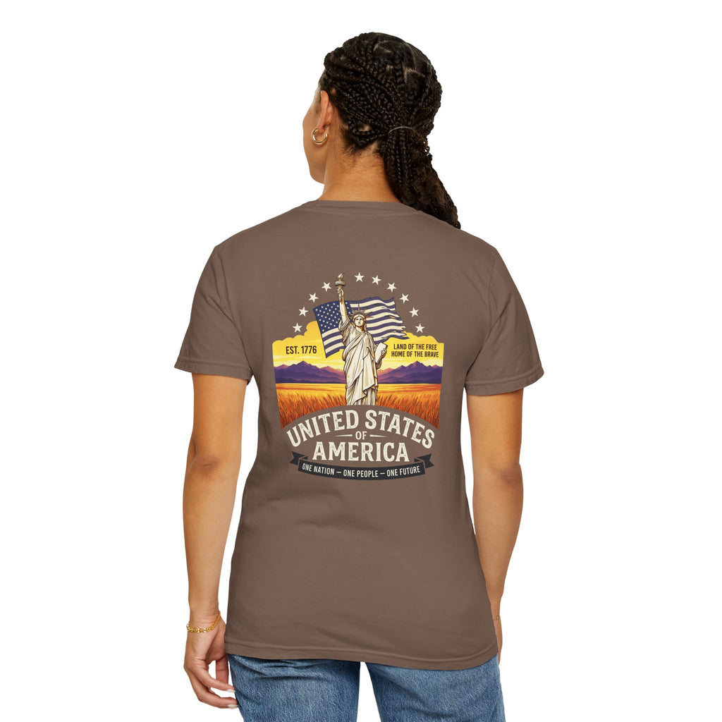 America Graphic T-Shirt — United States Vintage Statue of Liberty Back Print