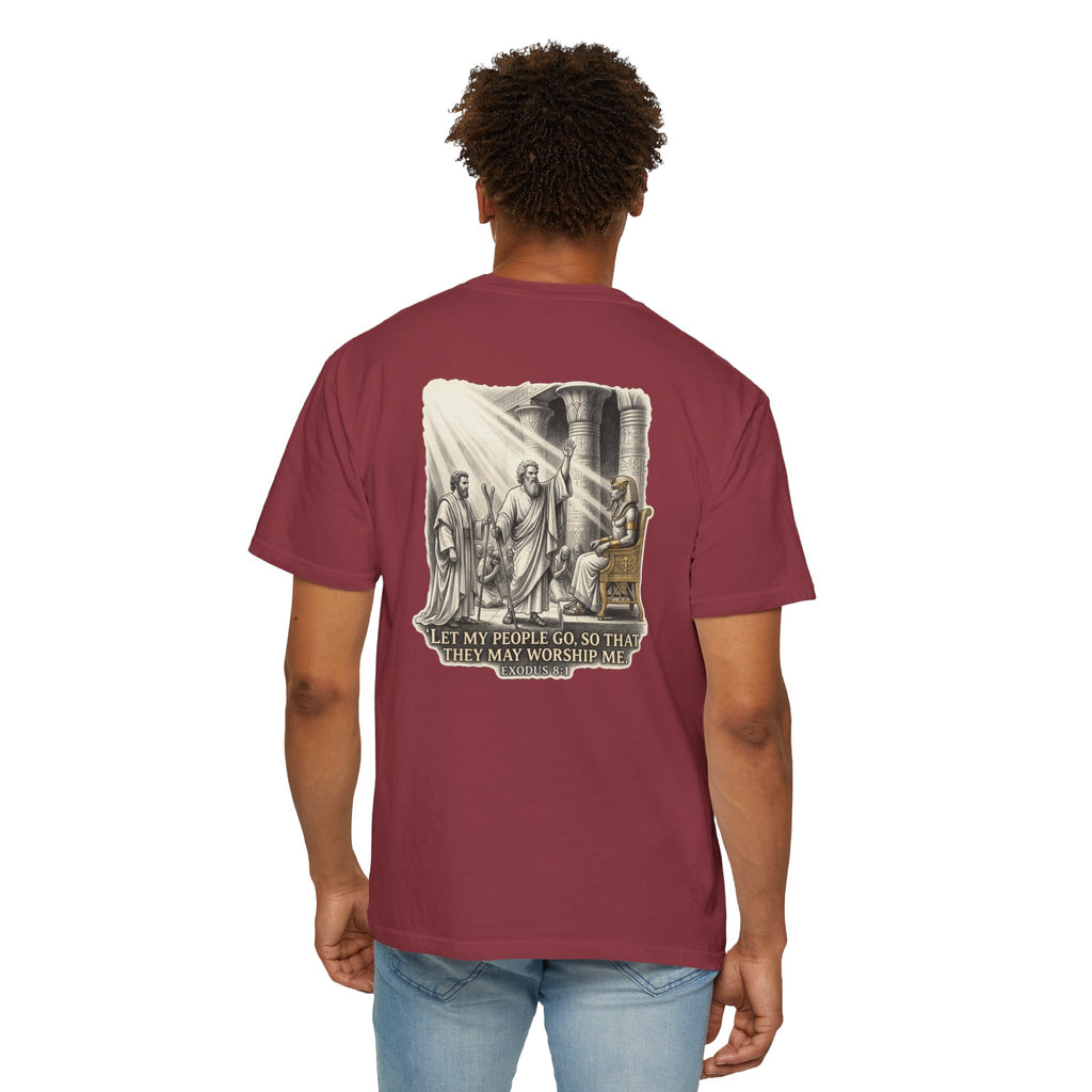 Religious T-Shirt — Small Cross Front & 'Let My People Go' Back Graphic