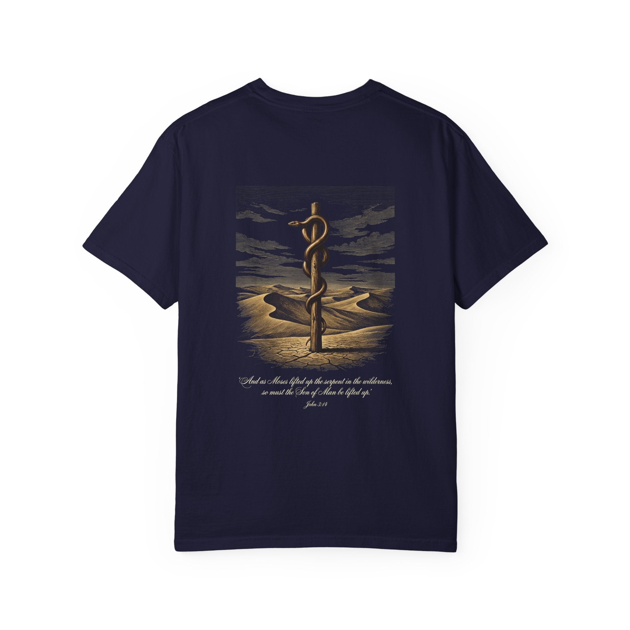 Christian Cross T-Shirt — Biblical Staff of Moses Desert Design with Scripture