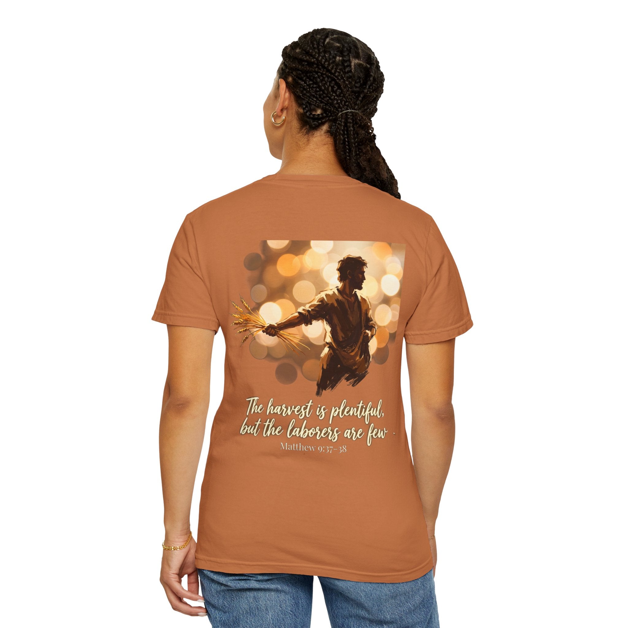 Christian Cross T-Shirt — "The harvest is plentiful, but the laborers are few" Back Graphic