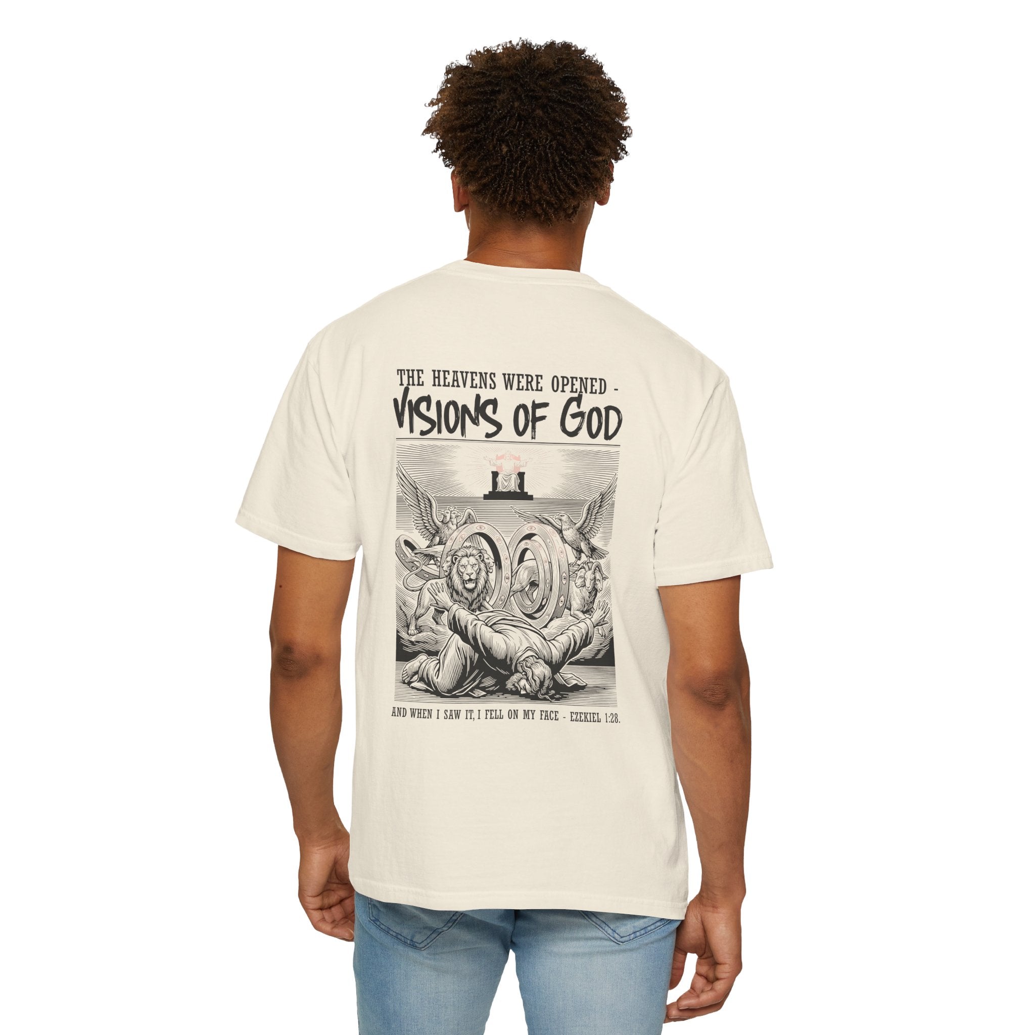 Religious T-Shirt — “Visions of God” Back Print with Small Cross