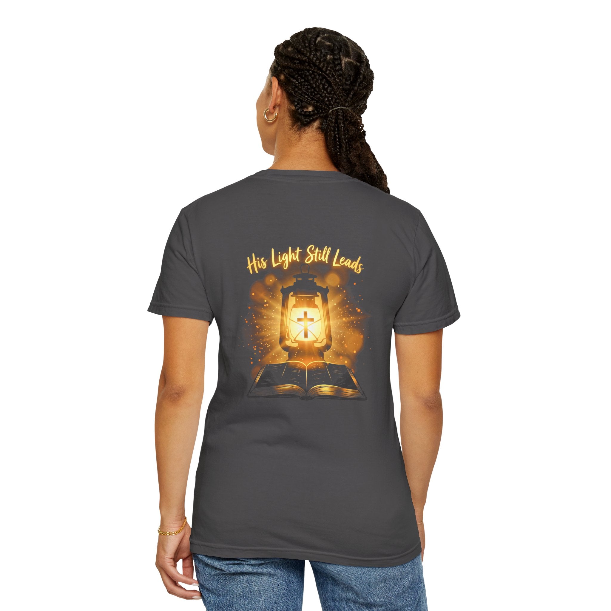 Christian Cross T-Shirt — “His Light Still Leads” Bible Graphic Tee