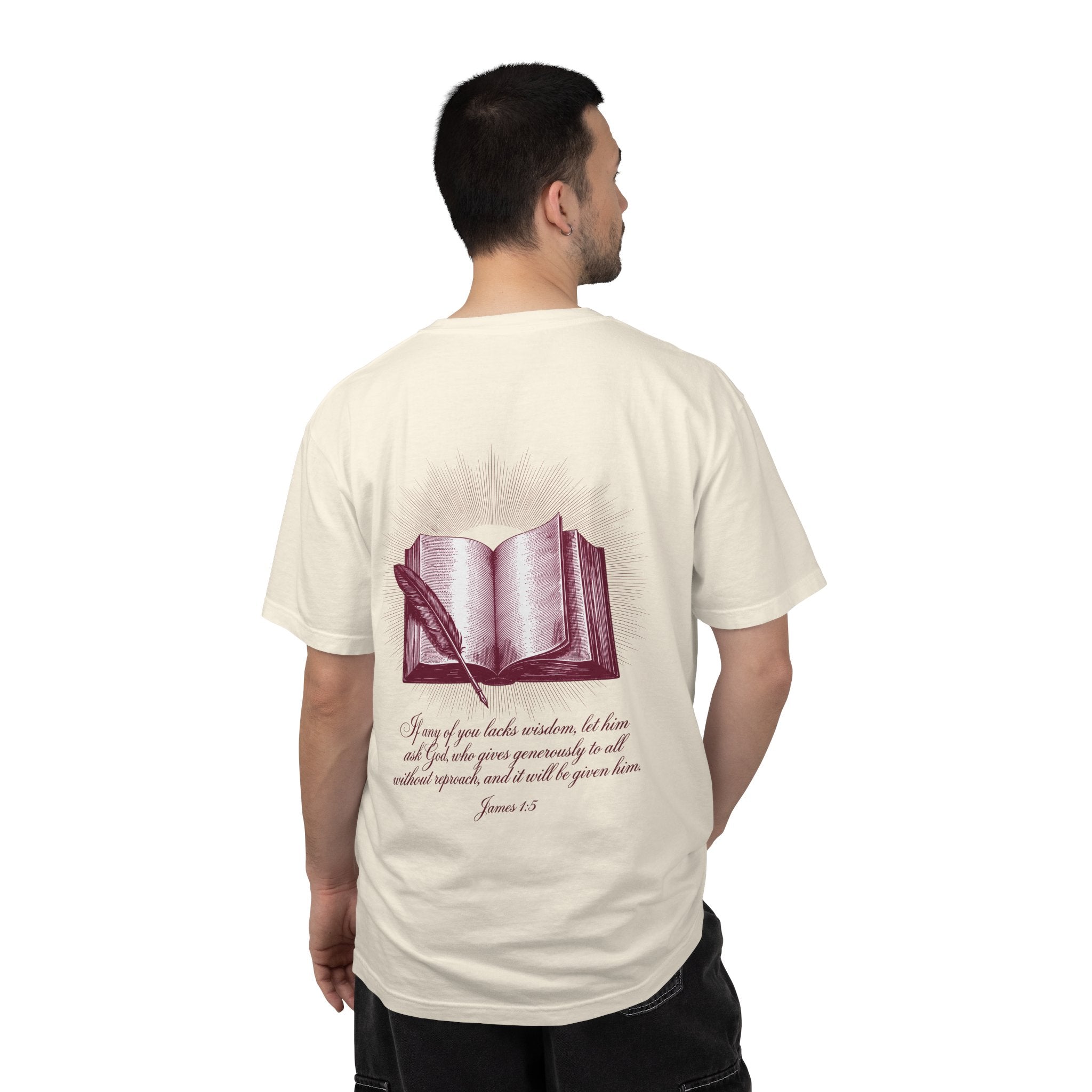 Christian Cross T-Shirt — Illustrated Bible Back Print with James 1:5 Quote