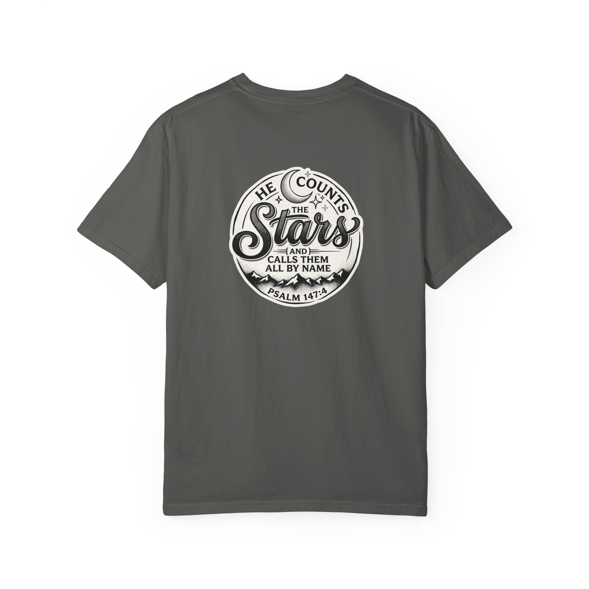 Christian Cross T-Shirt — "He Counts the Stars" Psalm 147:4 Graphic Tee