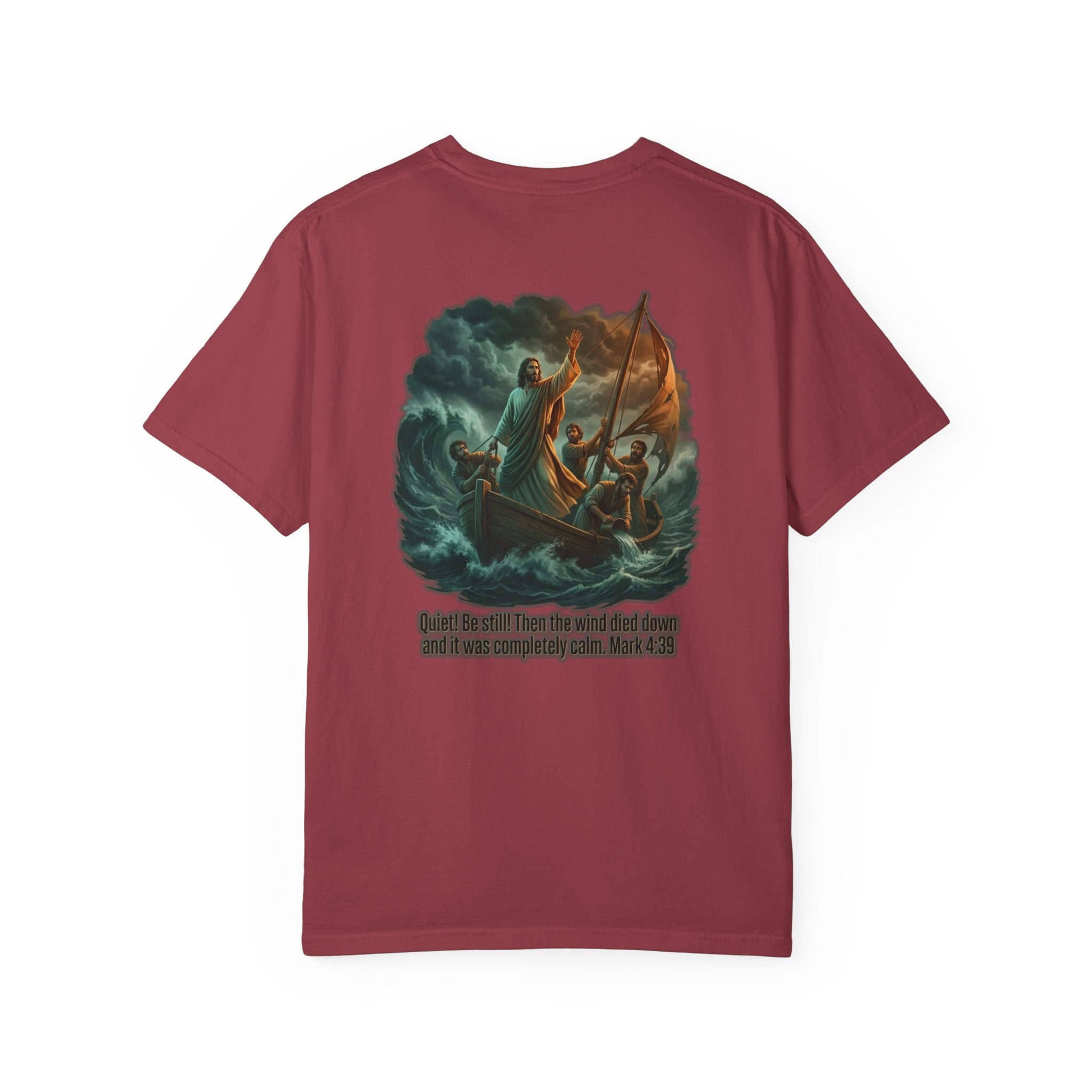 Christian Faith T-Shirt — 'He Said, "Be Still"' Boat Scene with Matthew 8:23-27 Biblical Tee