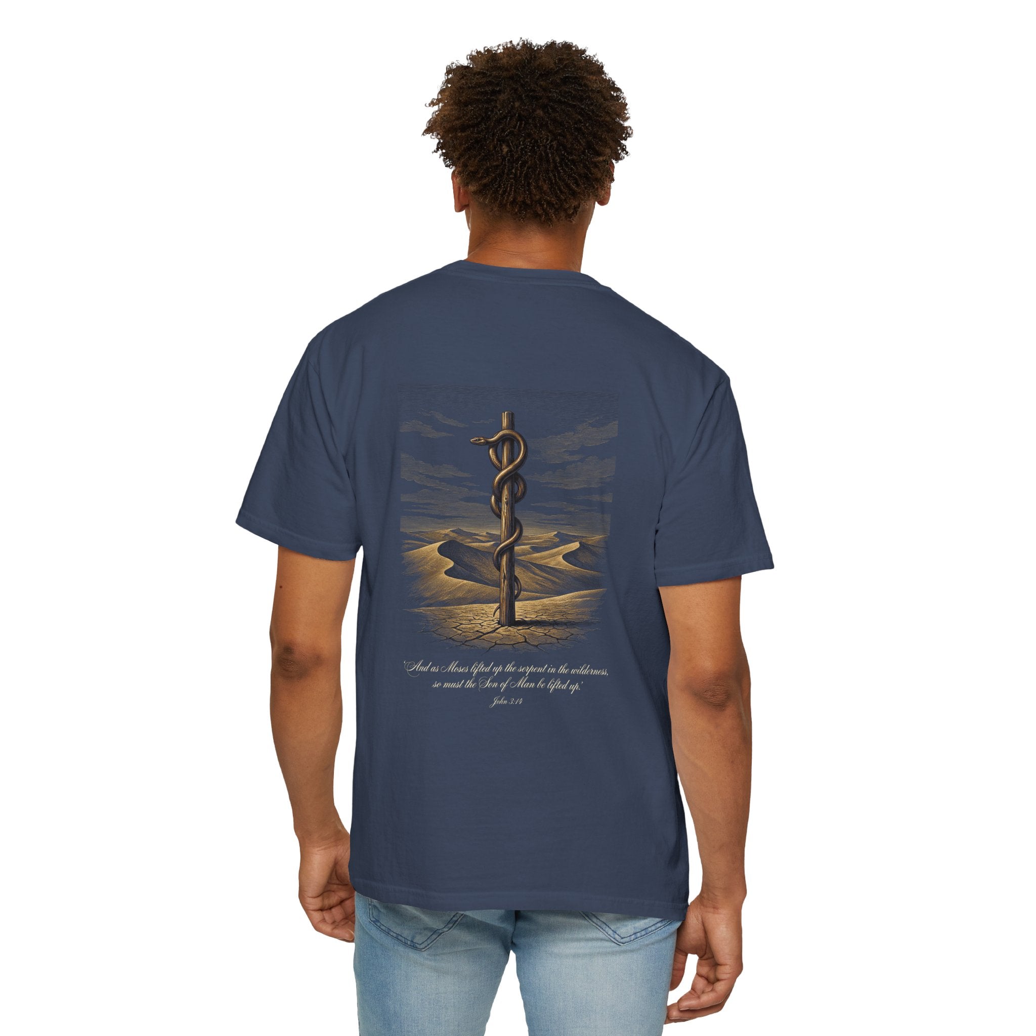 Christian Cross T-Shirt — Biblical Staff of Moses Desert Design with Scripture