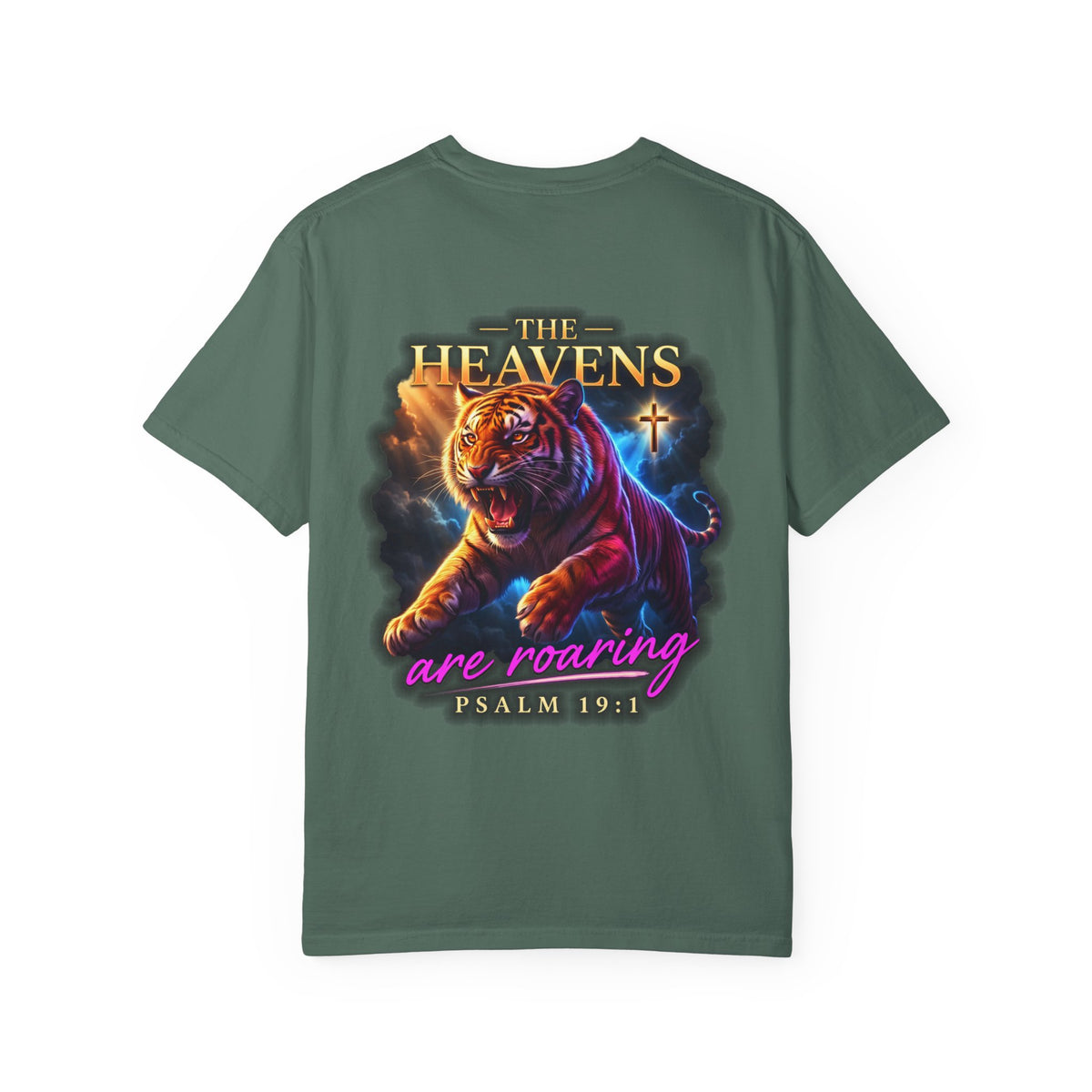 Christian Tiger T-Shirt — “The Heavens Are Roaring” Psalm 19:1 Graphic Tee