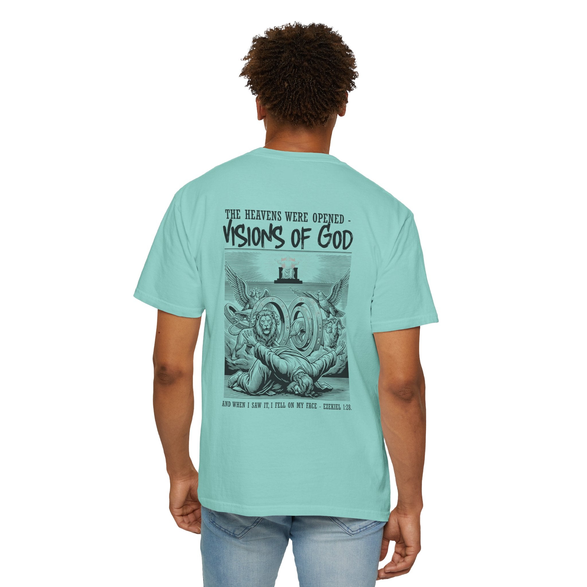 Religious T-Shirt — “Visions of God” Back Print with Small Cross