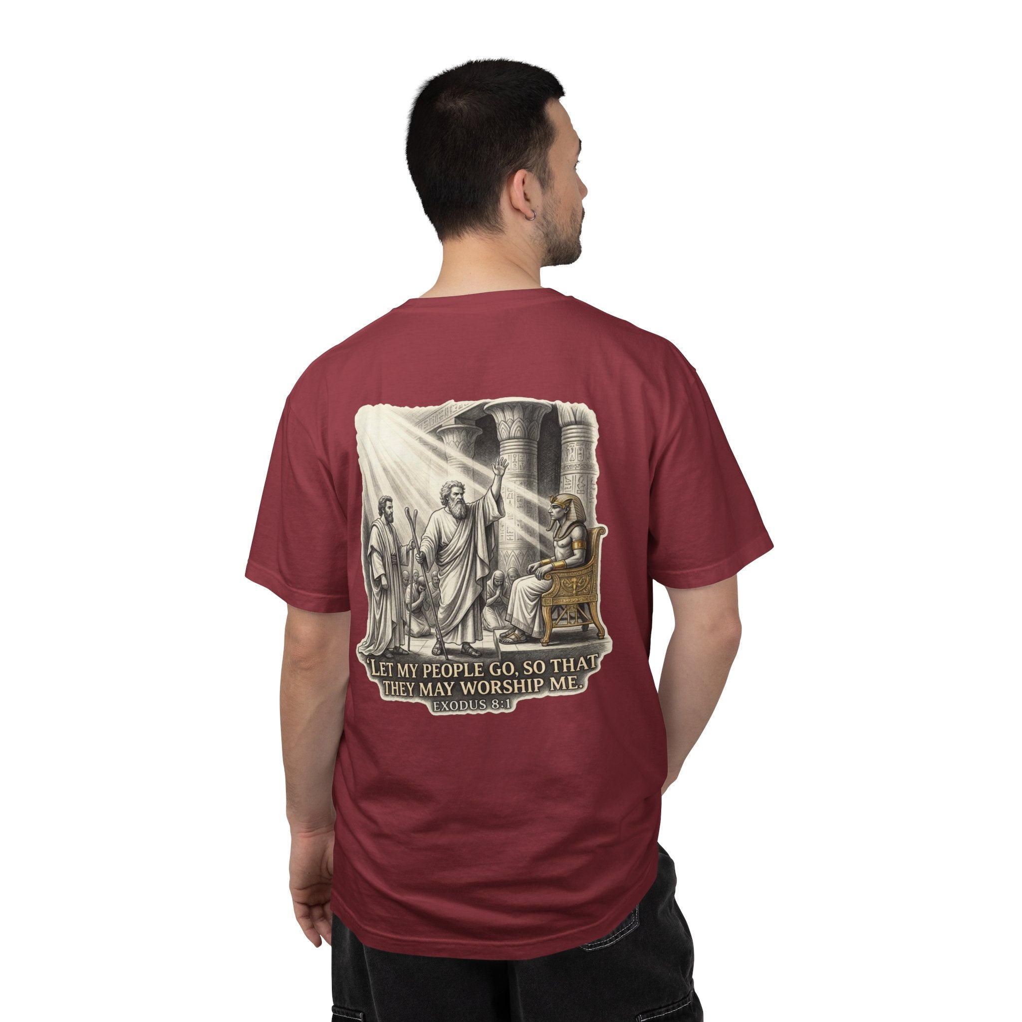 Religious T-Shirt — Small Cross Front & 'Let My People Go' Back Graphic