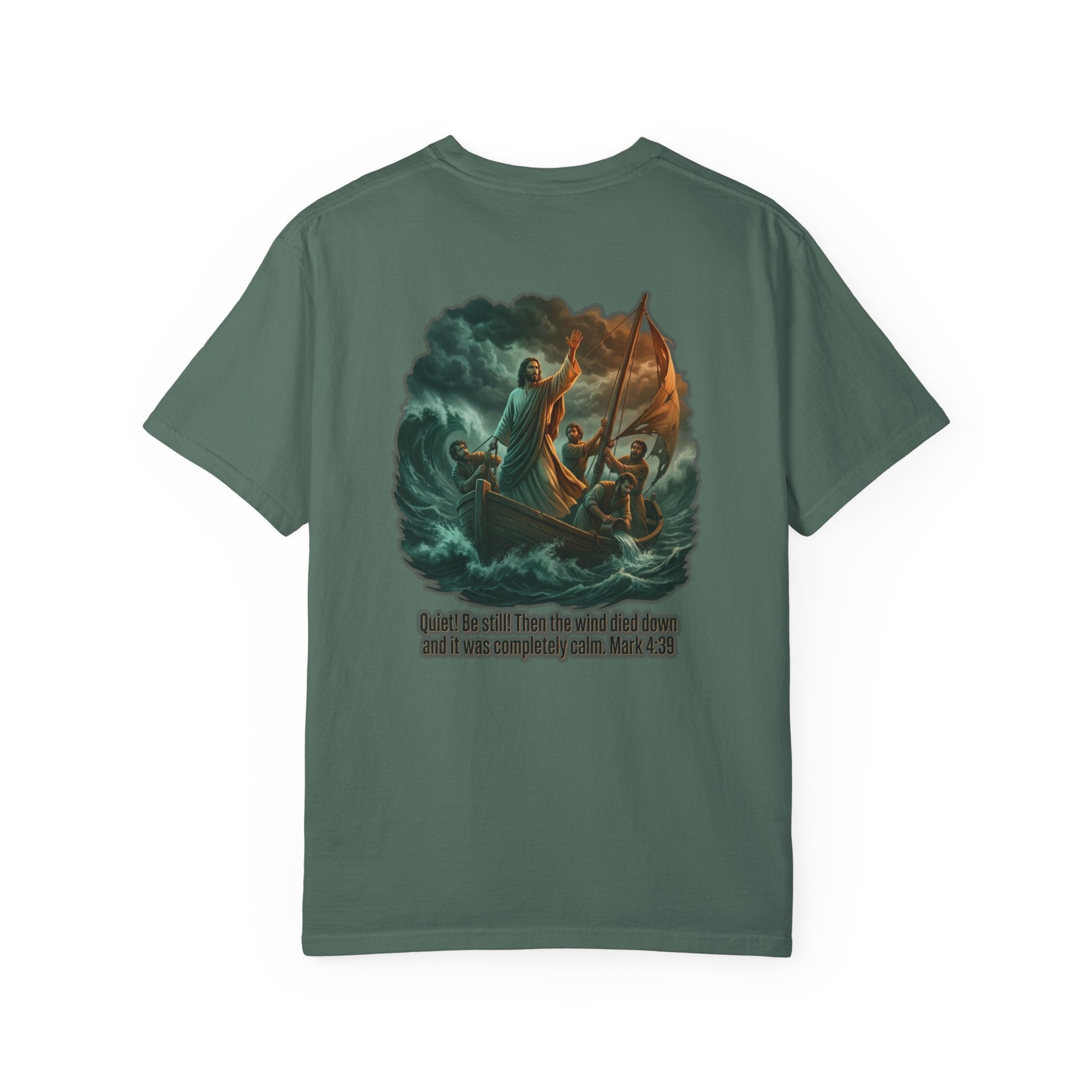 Christian Faith T-Shirt — 'He Said, "Be Still"' Boat Scene with Matthew 8:23-27 Biblical Tee