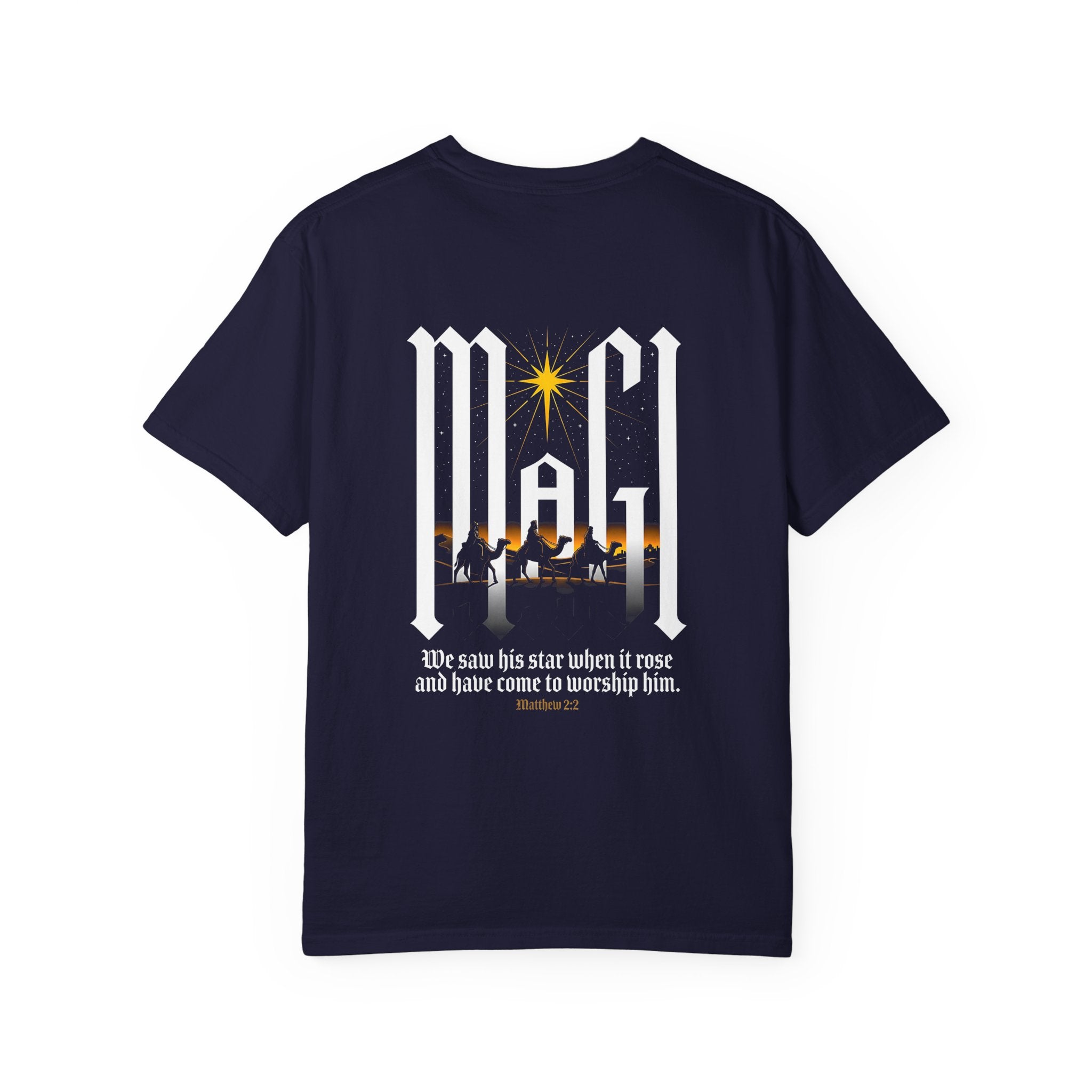 Christian Cross T-Shirt — 'We Saw His Star' Nativity Backprint Tee